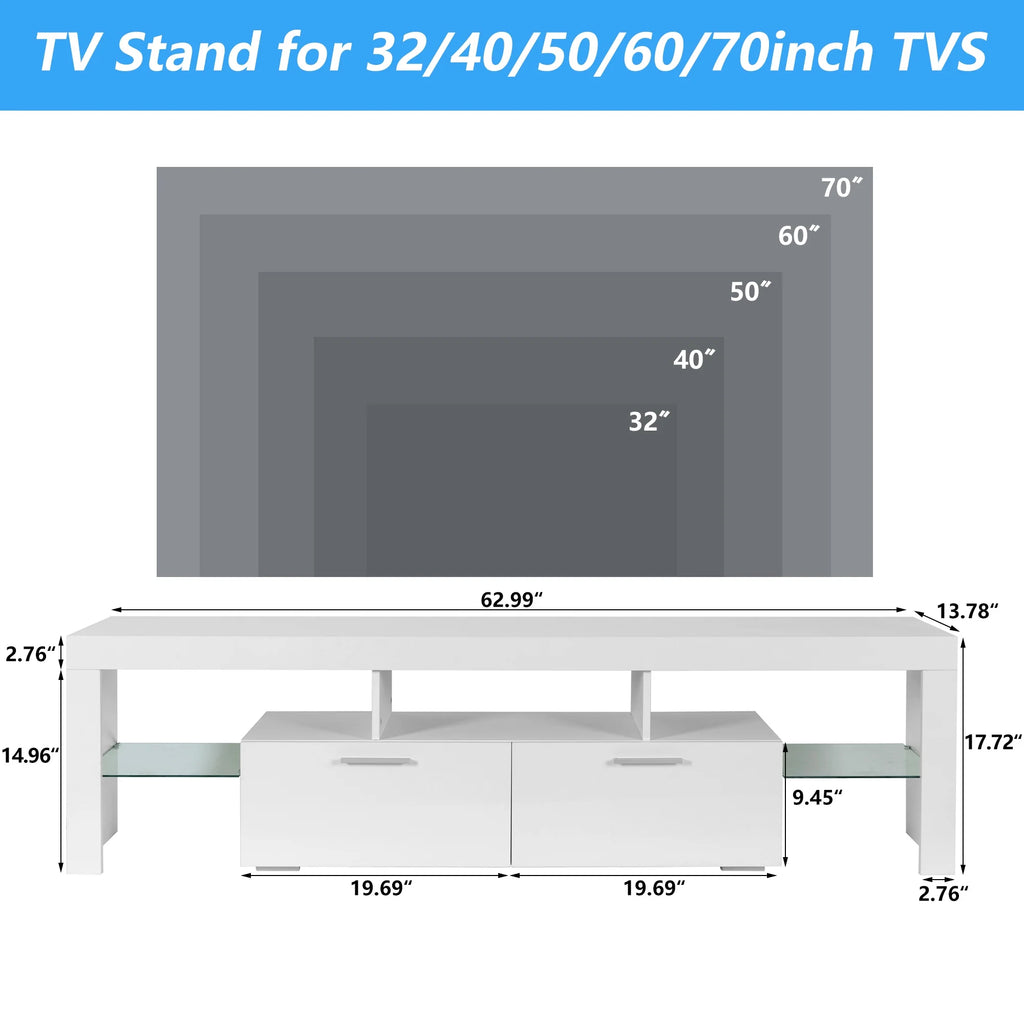 UHOMEPRO TV Stand for TV up to 70", Living Room Entertainment Center with RGB LED Lights and Storage Shelves Furniture, White High Gloss TV Cabinet Console Table