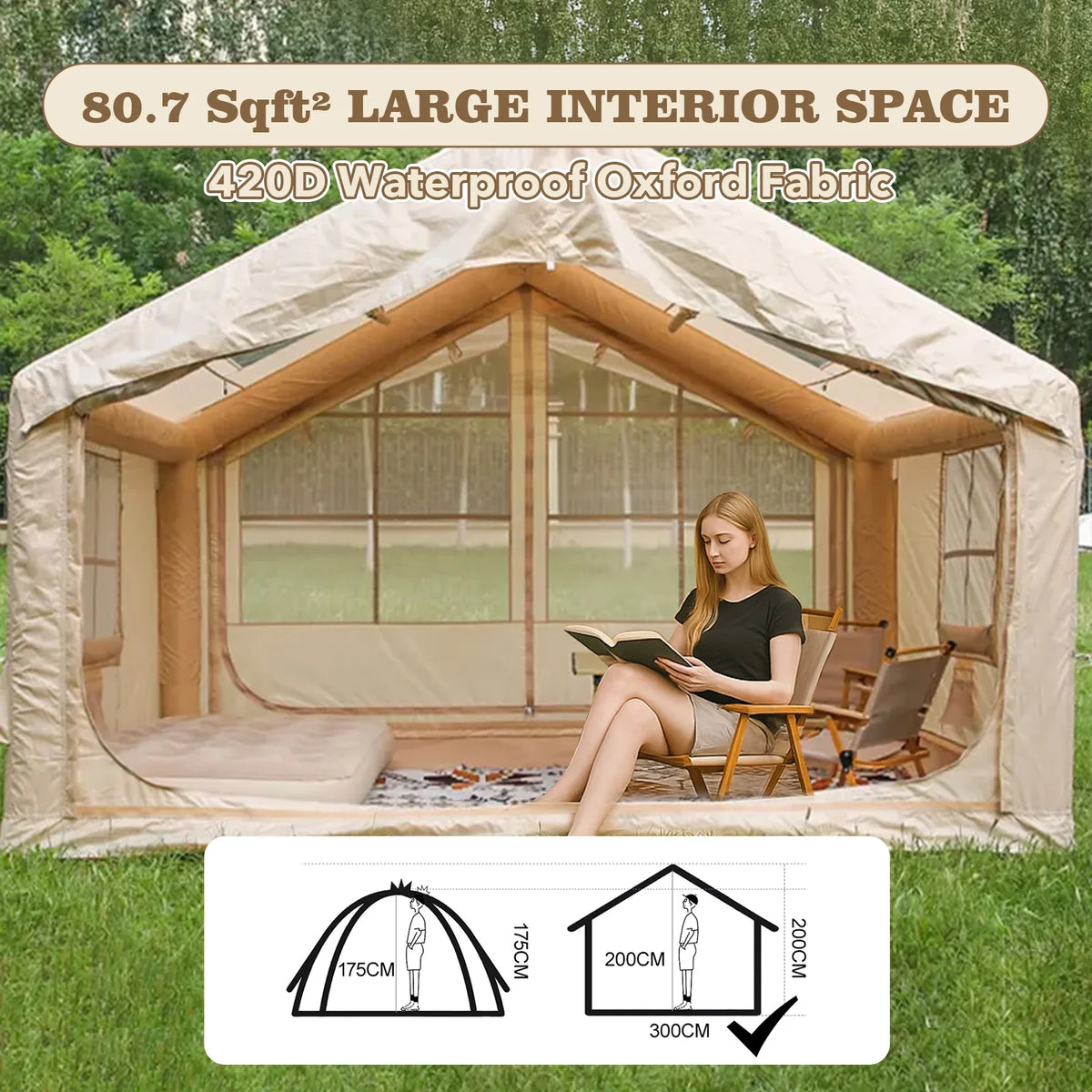 9.8' x 7' Inflatable Camping Tent,4 Season Blow up Tents for Camping, 4-6 Person Inflatable Tent with Stove Jack,Air Tents,Glamping Tent,Waterproof Luxury House with Mesh Window