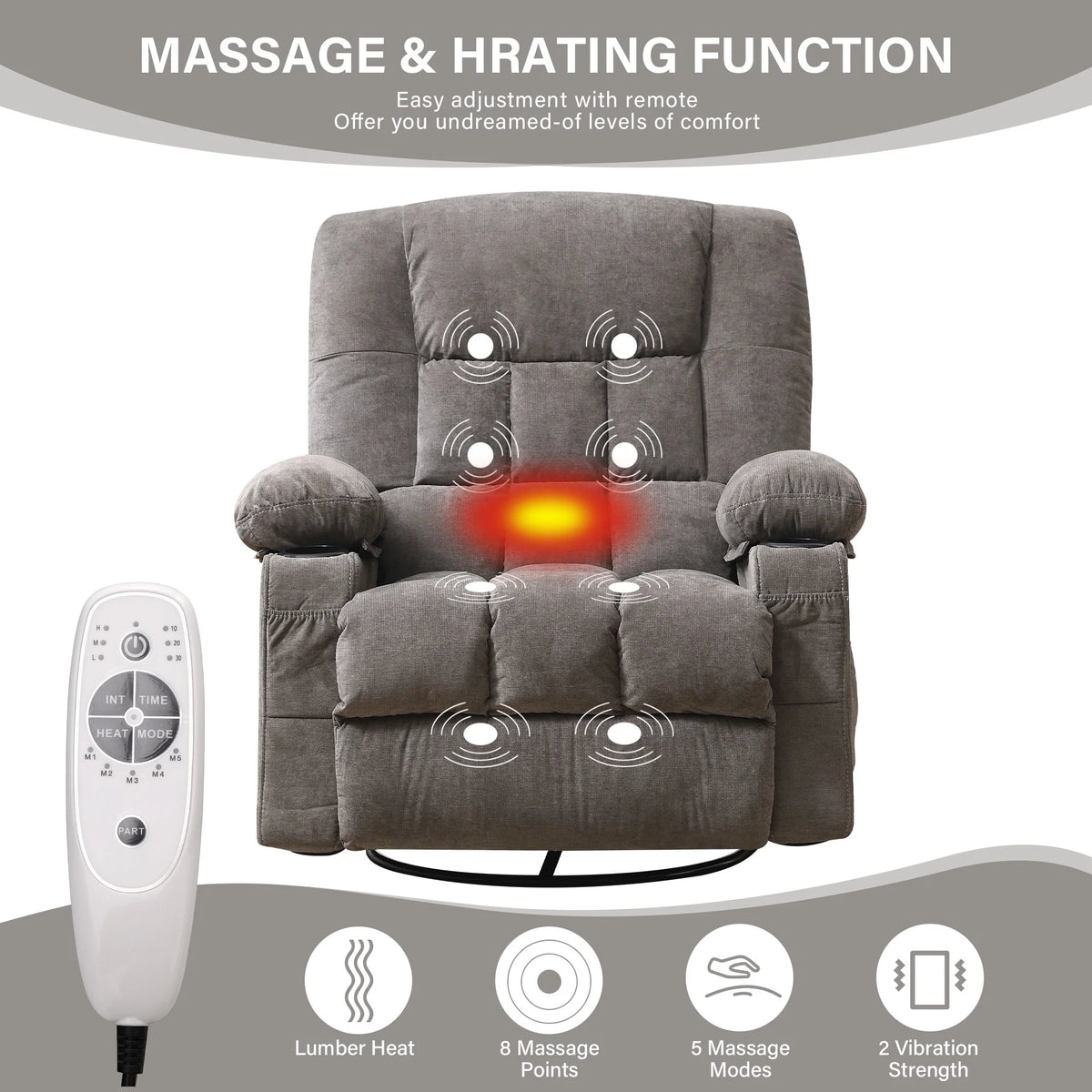 JONPONY Massage Swivel Rocker Recliner Chair with Vibration Massage and Heat Ergonomic Lounge Chair for Living Room with Rocking Function and Side Pocket, 2 Cup Holders, USB Charge Port,Grey