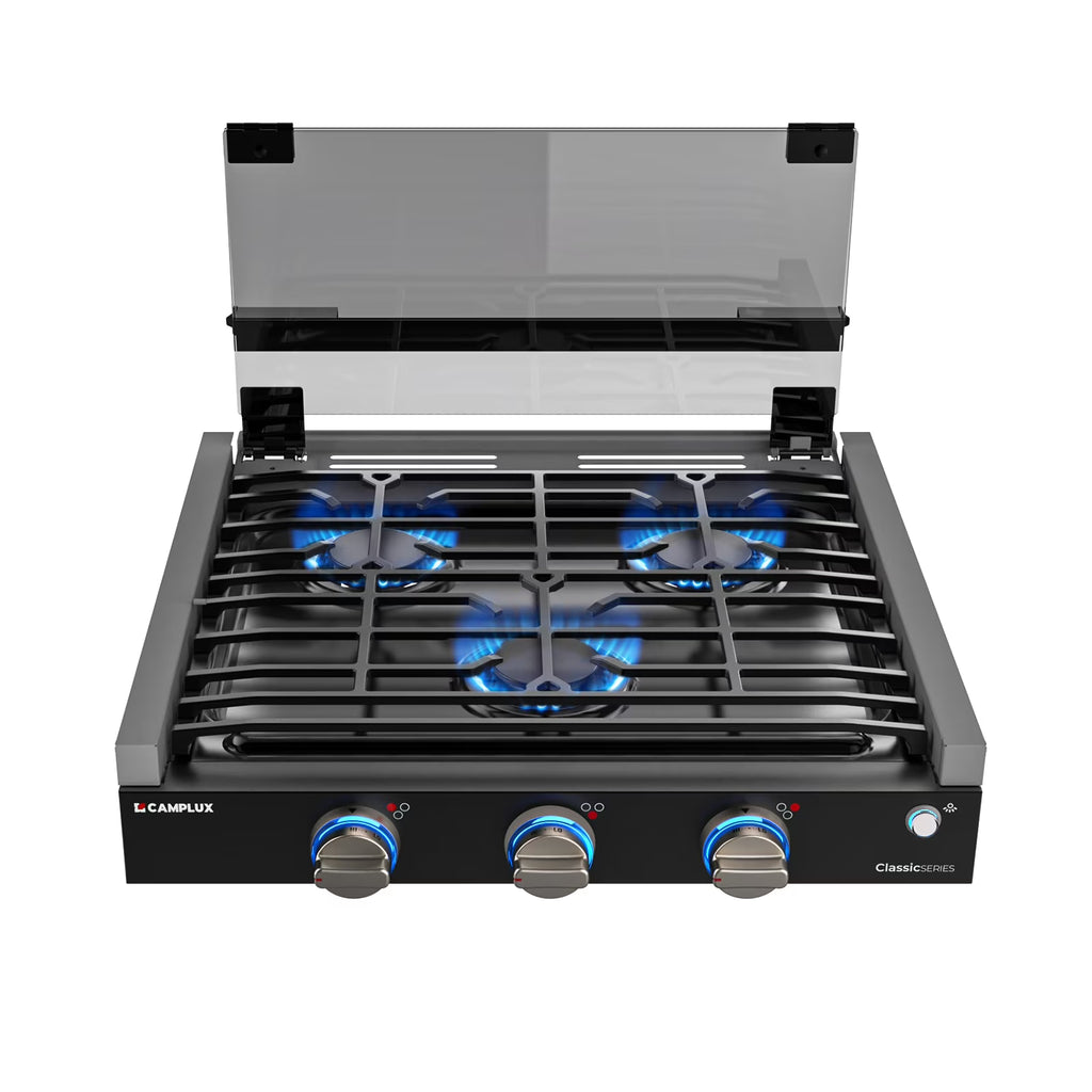 CAMPLUX RV Cooktop 3 Burners Slide-in, Outdoor Propane Cooktop Stove with Tempered Glass Cover, 21 inches Gas Rangetop, 21,000BTU, Black