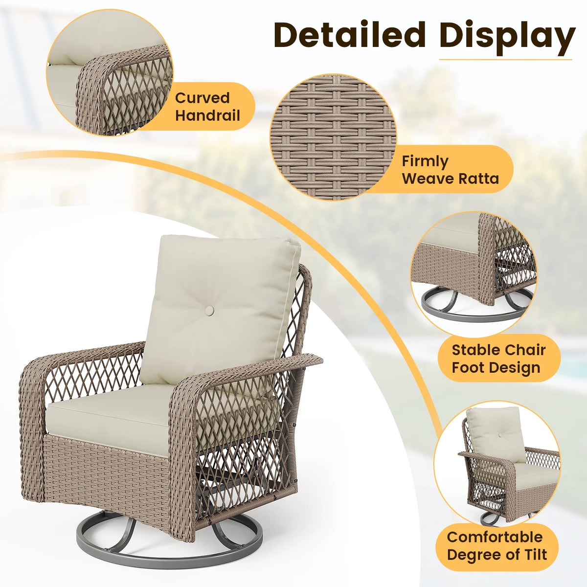 ELPOSUN 3 Pieces Patio Furniture Set, Outdoor Swivel Gliders Rocker, Wicker Patio Bistro Set with Rattan Rocking Chair, Glass Top Side Table and Thickened Cushions for Porch Deck Backyard