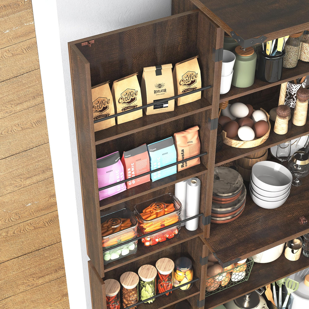 71" Tall Farmhouse Kitchen Pantry with 12 Side Shelves & Adjustable Shelves, 5 Layers Pantry Storage Cabinet w/Load-Bearing Steel Pipe & 4 Barn Doors for Kitchen, Dining Room, Living Room, Brown