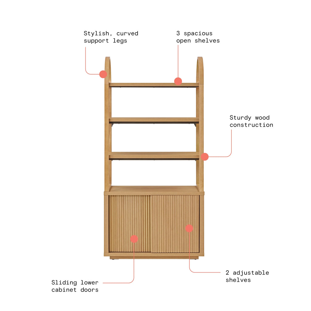 Beautiful Fluted 3-Shelf Bookcase with Storage Cabinet by Drew Barrymore, Light Honey Wood Finish