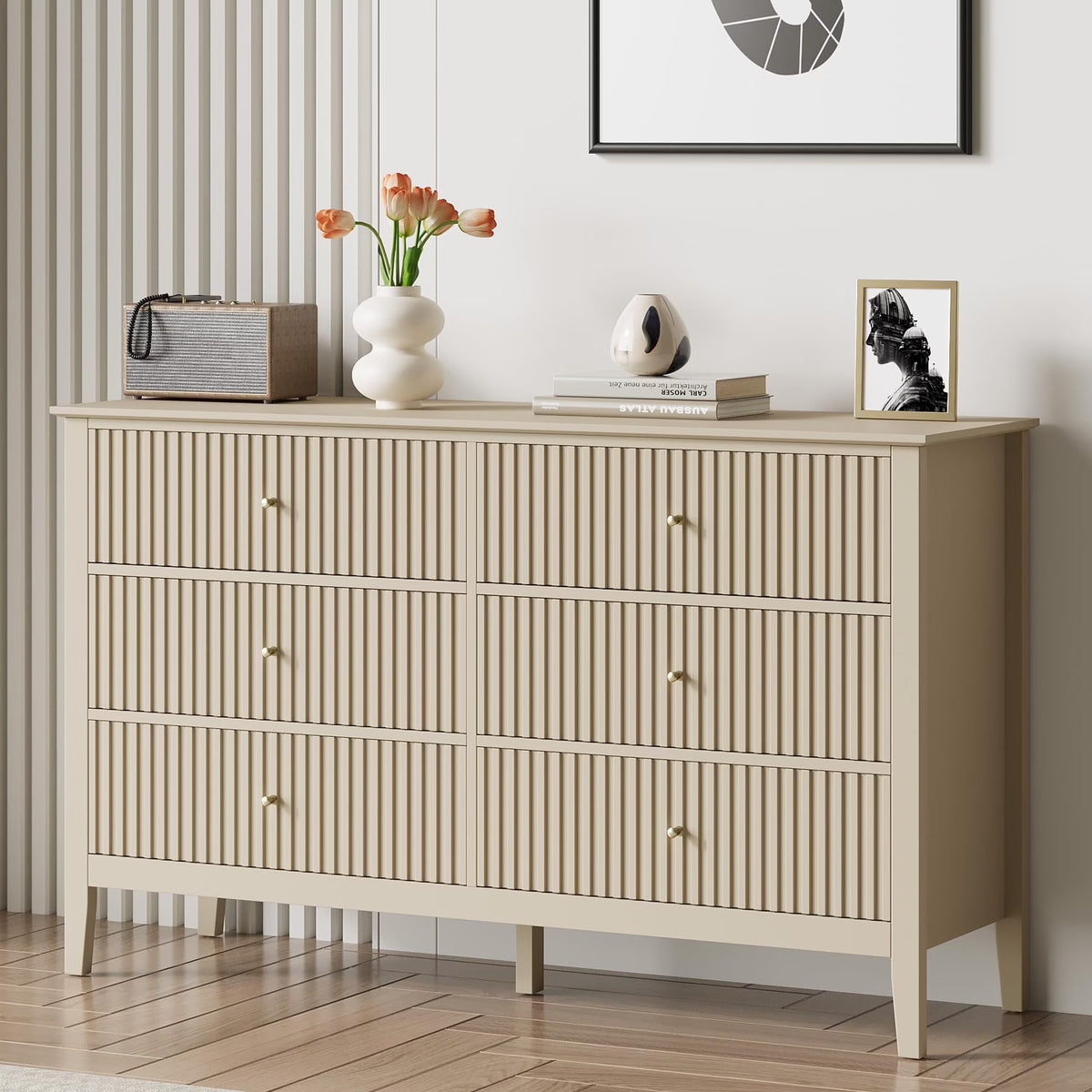 Heynemo Beige 6 Drawer Dresser, Fluted Modern Wood Chest