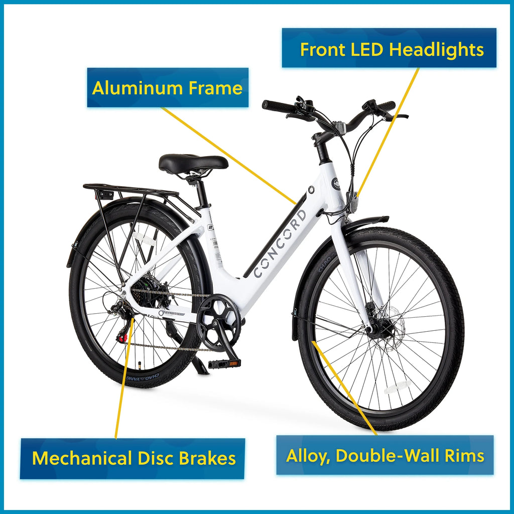 27.5" Concord Step-Thru Electric Commuter Bike, 36V, White, Fits Riders 5'1" - 6'1", Adult, Unisex