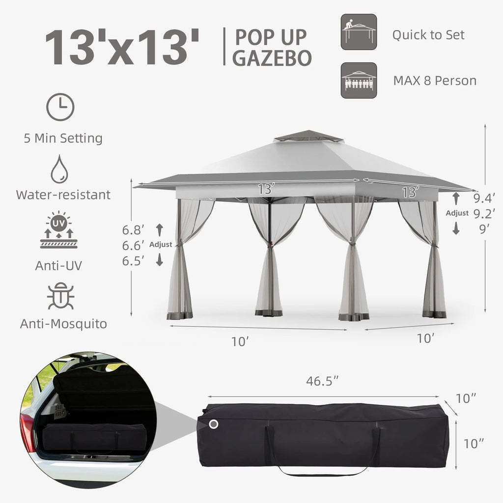 Bezseller 11x11 Pop up Gazebo, Outdoor Waterproof Canopy Tent with Mosquito Netting for Outdoors, Khaki