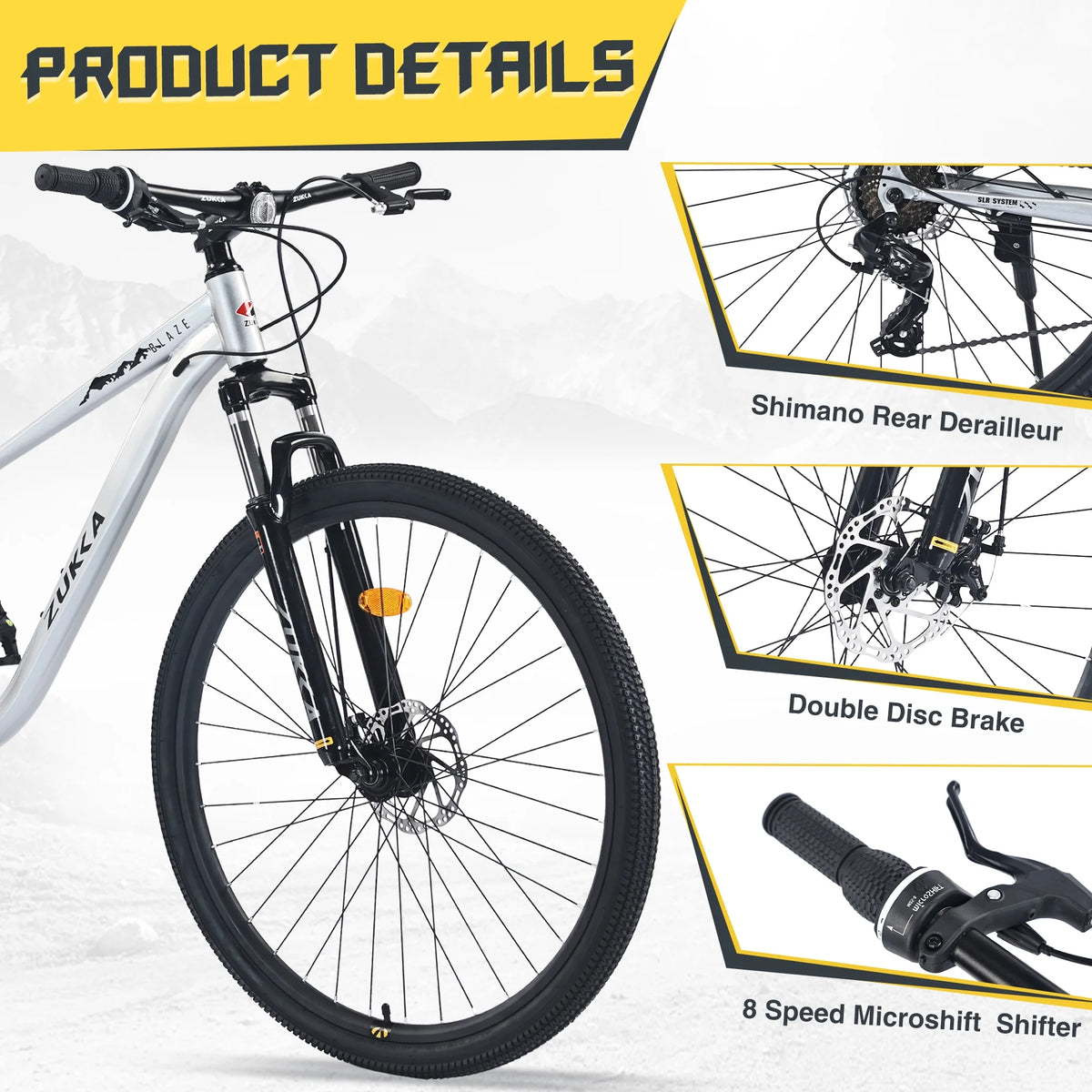 29" Mountain Bike 8 Speed Steel Frame City Bicycle with Front Suspension for Men Women, Gray