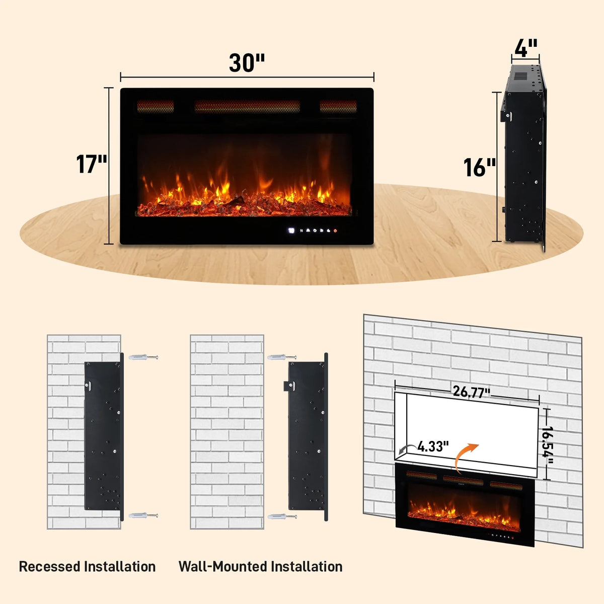 Ktaxon 30" Electric Fireplace, Freestanding/Inserts/Wall Mounted Fireplace Heater with Remote Control, 12 Adjustable Flame Colors, Log & Crystal, 8H Timer for Living Room, Bedroom