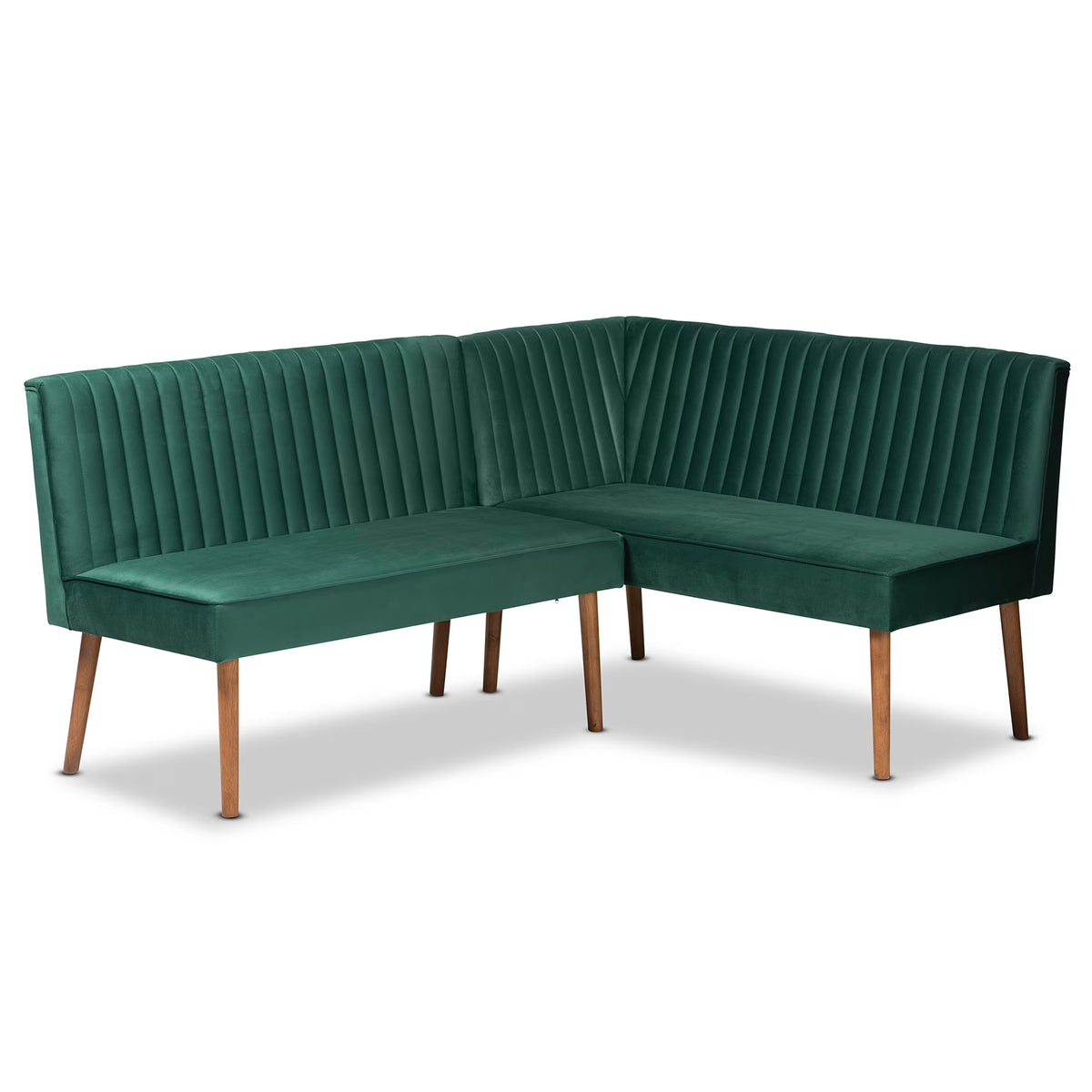 Baxton Studio Alvis Mid-Century Velvet Dining Nook Banquette Set(2PC) Emerald Green, Walnut Brown