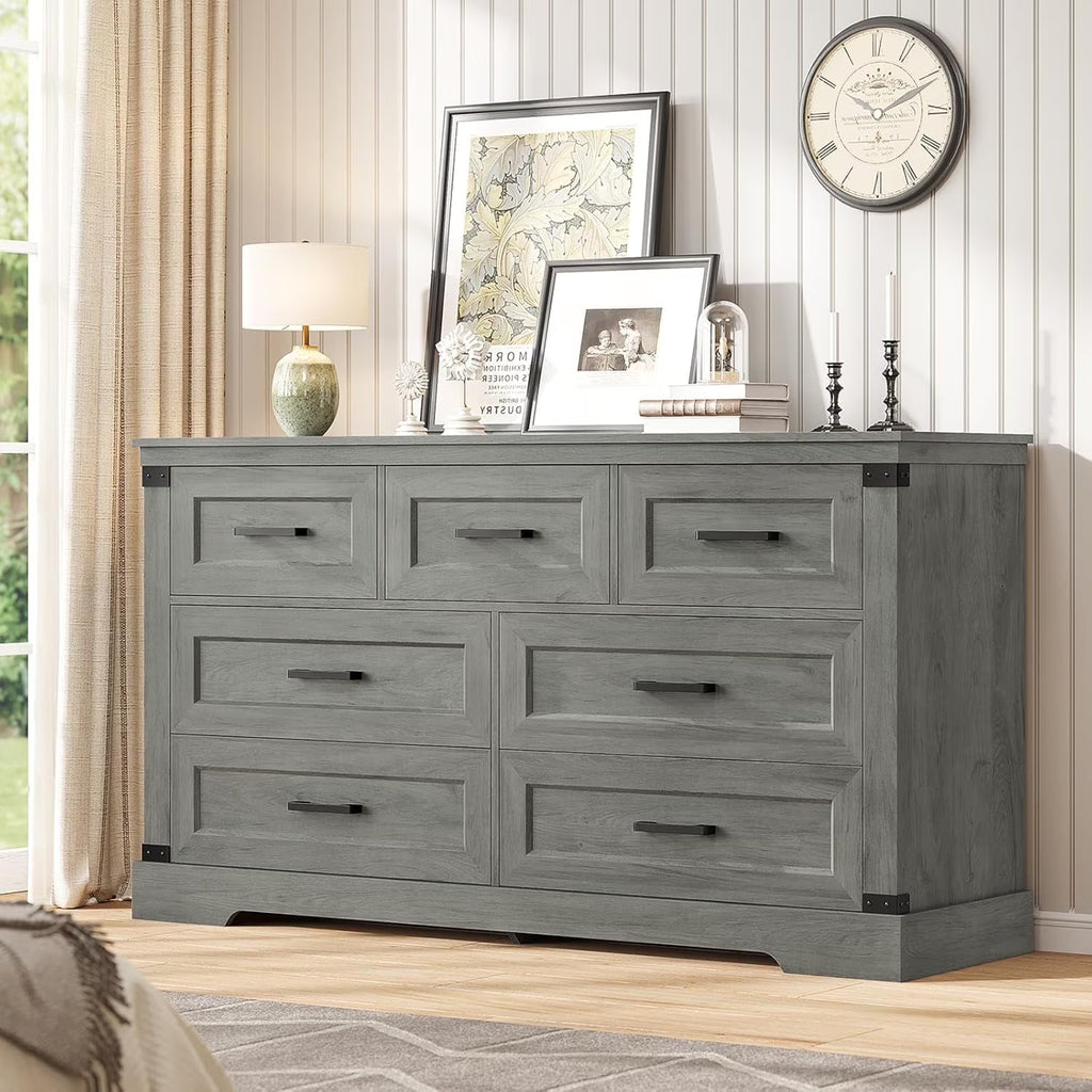 Aunfebrco Black Dresser for Bedroom Farmhouse 7 Drawers Dresser & Chest of Drawers with Thick Styling, Large Clothing Storage Organizer for Living Room
