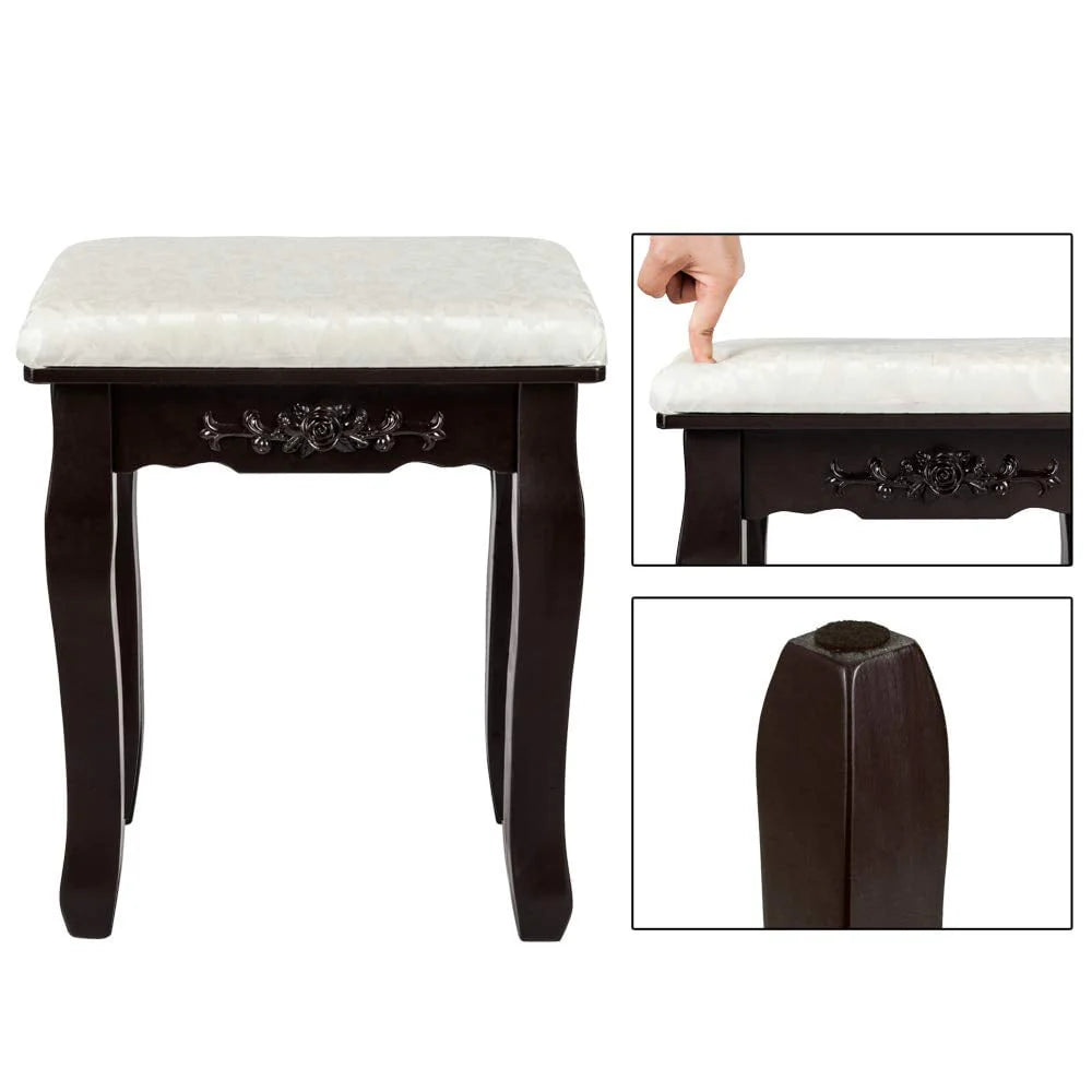 UBesGoo 4 Drawer Vanity Makeup Dressing Table Set w/Stool&Mirror Jewelry Wood Brown