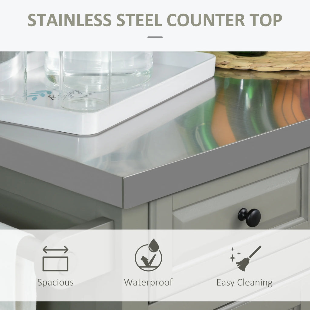 HOMCOM Rolling Kitchen Island on Wheels with Stainless Steel Top, Spice Rack & Drawers, Utility Portable Multi-Storage Cart on Wheels, Gray