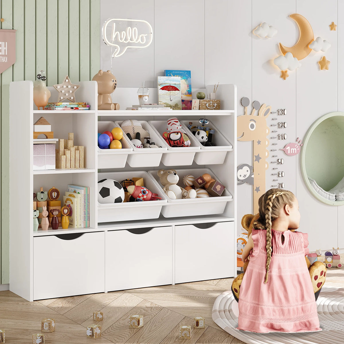Homfa Kids Bookcase with 6 Storage Bins, Multi-Purpose Toy Organizers Bookshelf with 3 Drawers for Bedroom Nursery Playroom, White