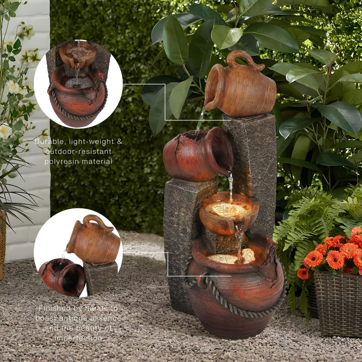 LuxenHome 32 Inch Resin Outdoor Water Fountain with Lights, Farmhouse Outdoor Water Features
