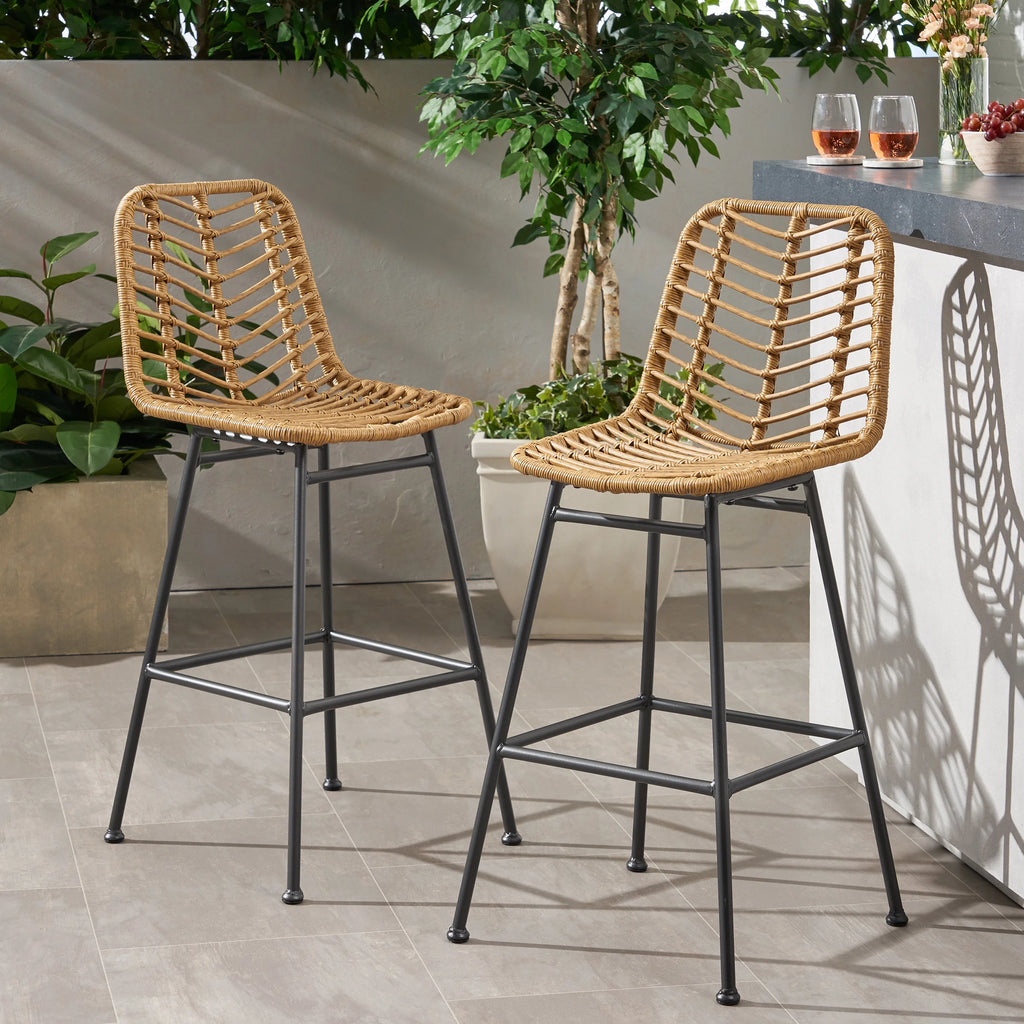 Dimitri Outdoor Wicker Barstools, Set of 2, Light Brown and Black