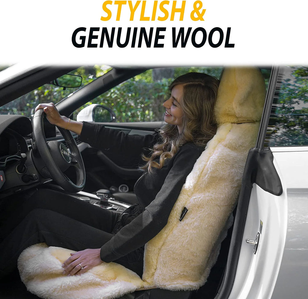 Zone Tech Genuine Sheepskin Ivory Car Seat Cover, Fluffy Luxury Wool Front Seat Covers, Universal Fits Car, Truck, SUV, & Van
