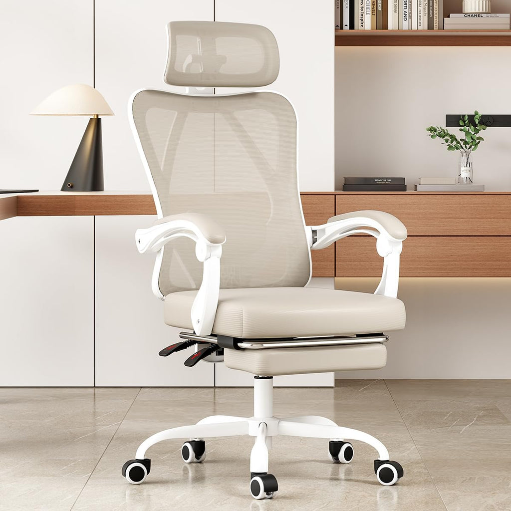 STARY Ergonomic Office Chair with Footrest, High Back Mesh Desk Chair with Adjustable Headrest & Lumbar Support, Comfortable Computer Chair for Home Office Study, White & Beige