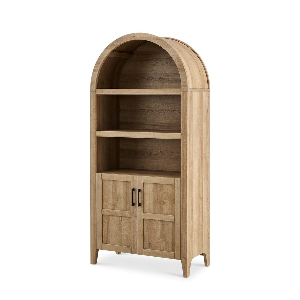 mopio Lauren 65.4" Arched Cabinet, 5-Tier Arched Bookcase with Doors and Shelves, Arched Bookshelf with Storage, Kitchen Pantry Cabinet, Wooden Storage Cabinet for Living Room, Kitchen (Oak)