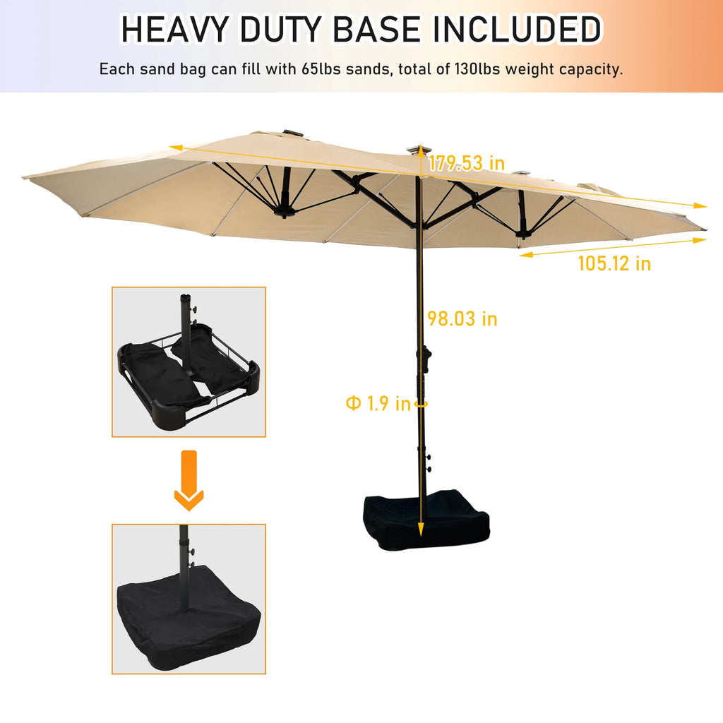 Mondawe 15ft Patio Umbrella, Large Double-Sided Solar LED Outdoor Umbrella with Fiberglass Ribs and Base for Deck Pool, Navy Blue