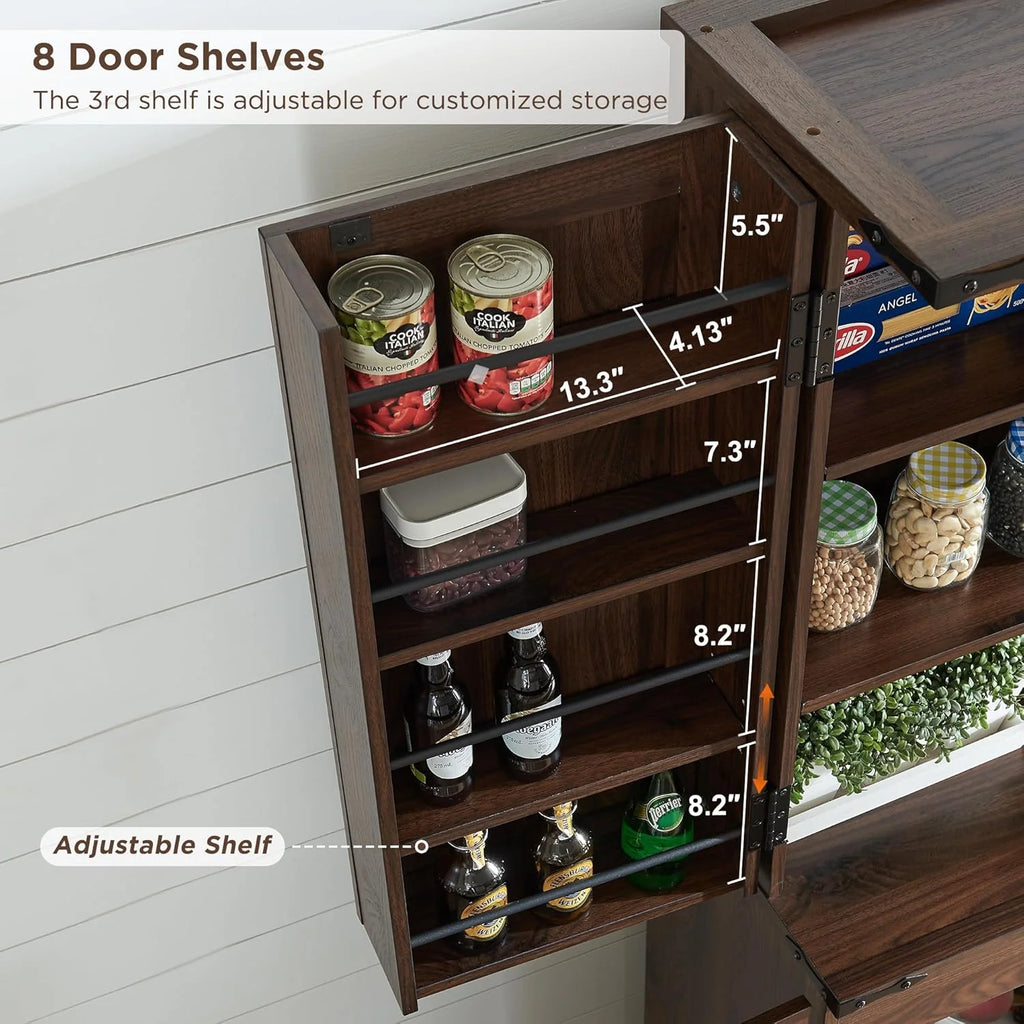 47" Kitchen Pantry, Farmhouse Storage Cabinet with Barn Doors, Organizer and Adjustable Shelves, Rustic Wood Cupboard for Kitchen, Dining Room, Bathroom and Hallway, Black