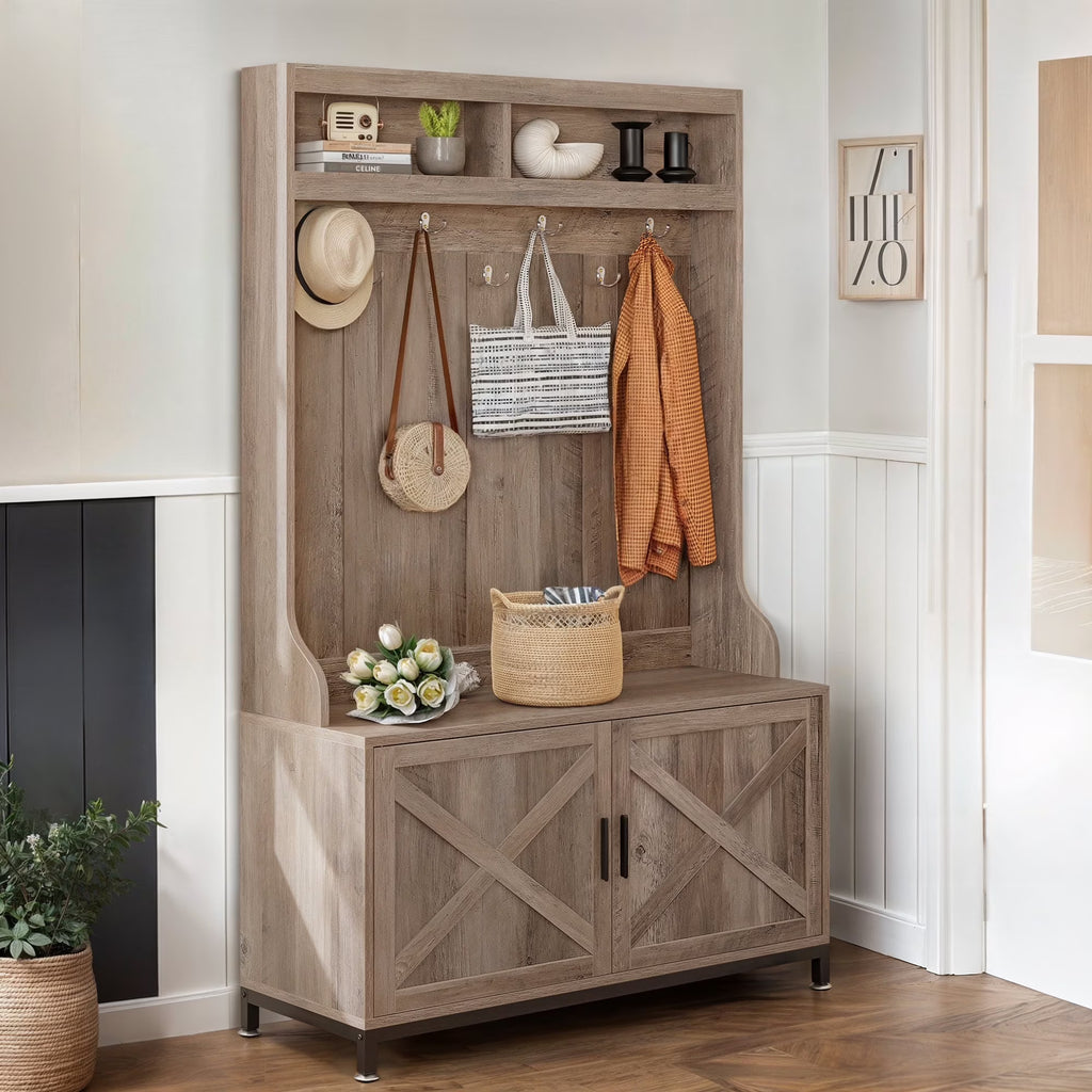 Dextrus 4-in-1 Coat Rack with 14 Hooks, Farmhouse Hall Tree with Storage Bench, Coat Hanger, Shoe Cabinet for Hallway, Living Room, White