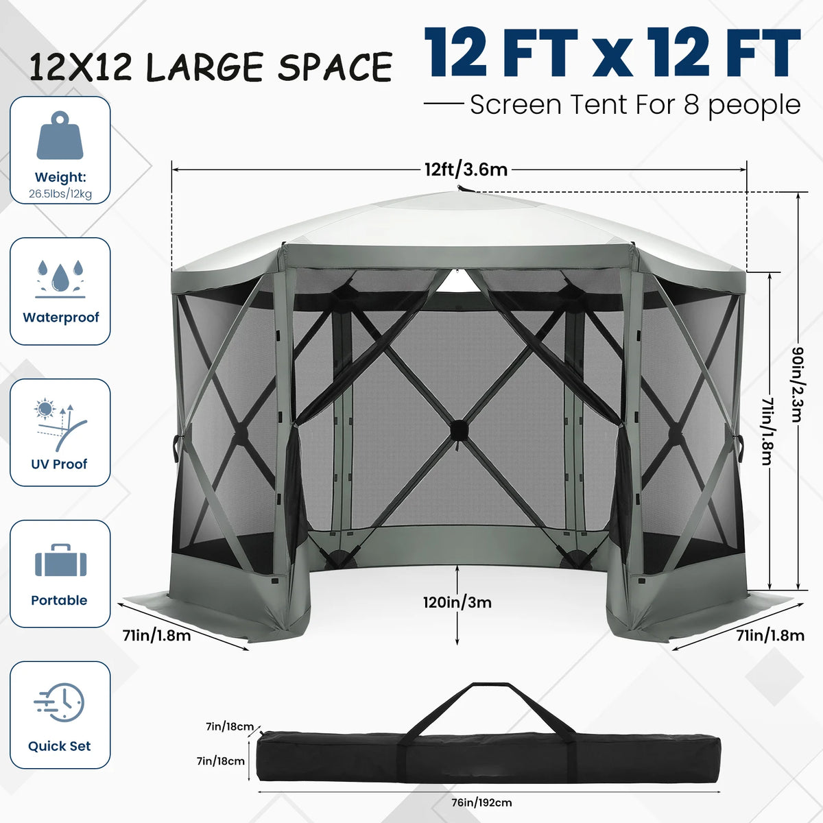COBIZI 12'x12' Pop-up Gazebo Outdoor Camping Tent with 6 Sides Mosquito Netting, Waterproof, UV Resistant, Portable Screen House Room, Easy Set-up Party Tent with Carry bag, Ground Spike, Brown