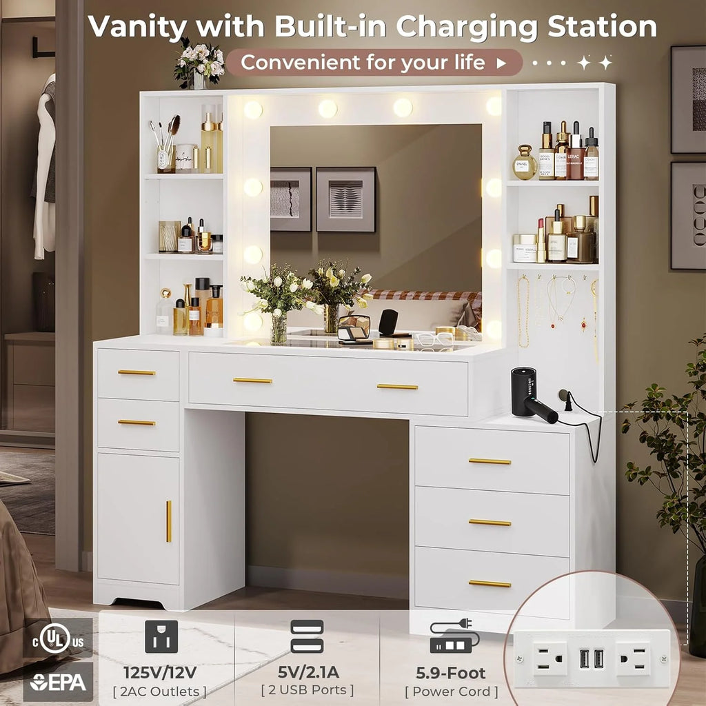 Makeup Vanity Desk with Lighted Mirror & Charging Stations & 6 Drawers Large Vanity Table Bedroom Dressing Table with Glass Tabletop&Side Cabinet&Glass Tabletop, Black
