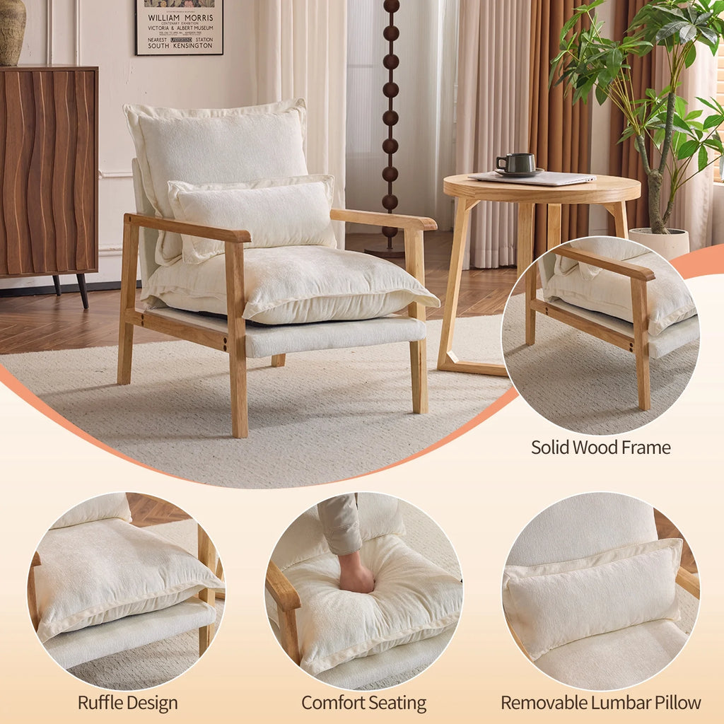 Ktaxon Chenille Accent Chair, Solid Wood Armrests Armchair, Metal Frame for Stability, Single Sofa with Comfortable Cushions and Lumbar Pillow Beige