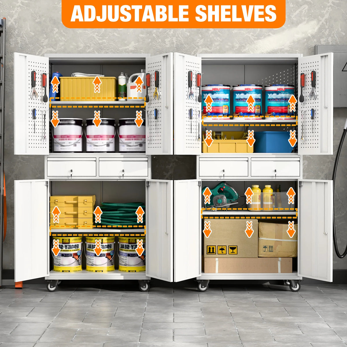 SUPEER 71" Metal Storage Cabinets with Wheels and Pegboards, Industrial Cabinet with 2 Drawers and 2 Adjustable Shelves,, Assembly Required