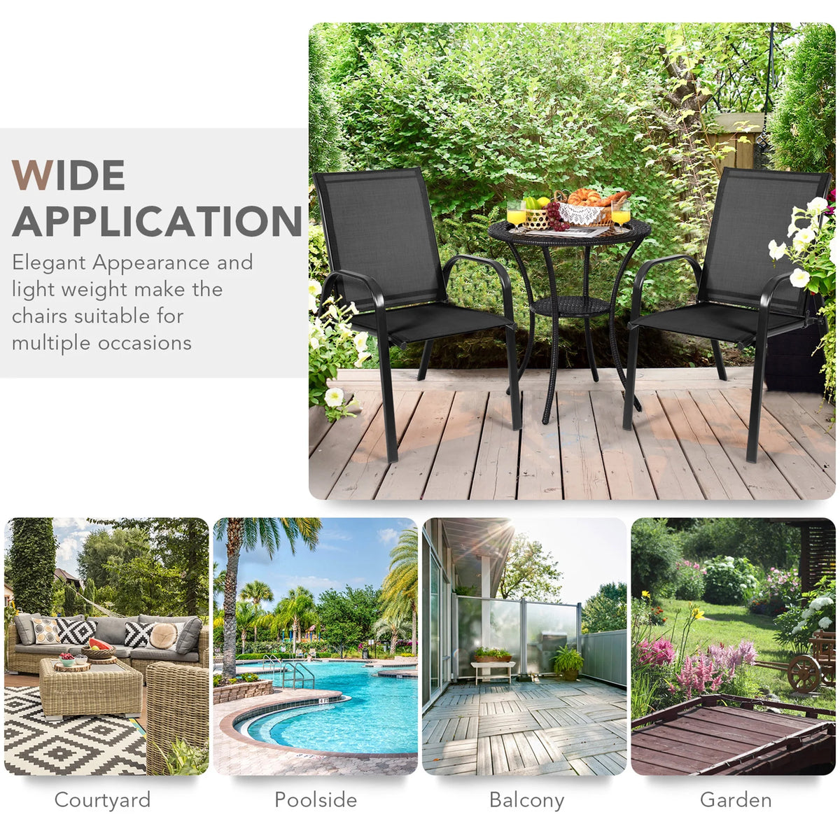 Gymax Set of 4 Patio Chairs Dining Chairs w/ Steel Frame Yard Outdoor Grey