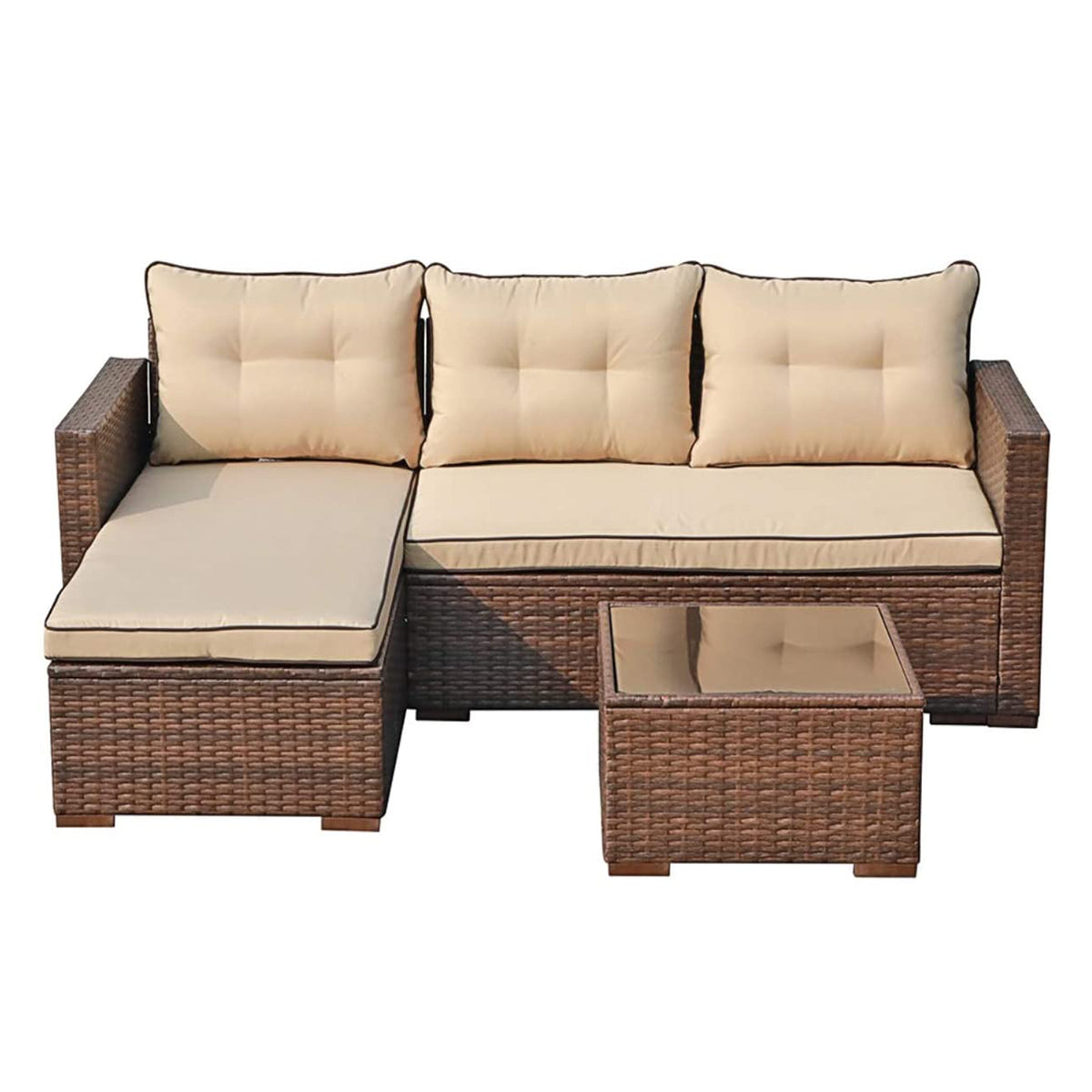 3 Piece Patio Furniture Sets,  Outdoor All-Weather Wicker Sectional Sofa Set, Beige