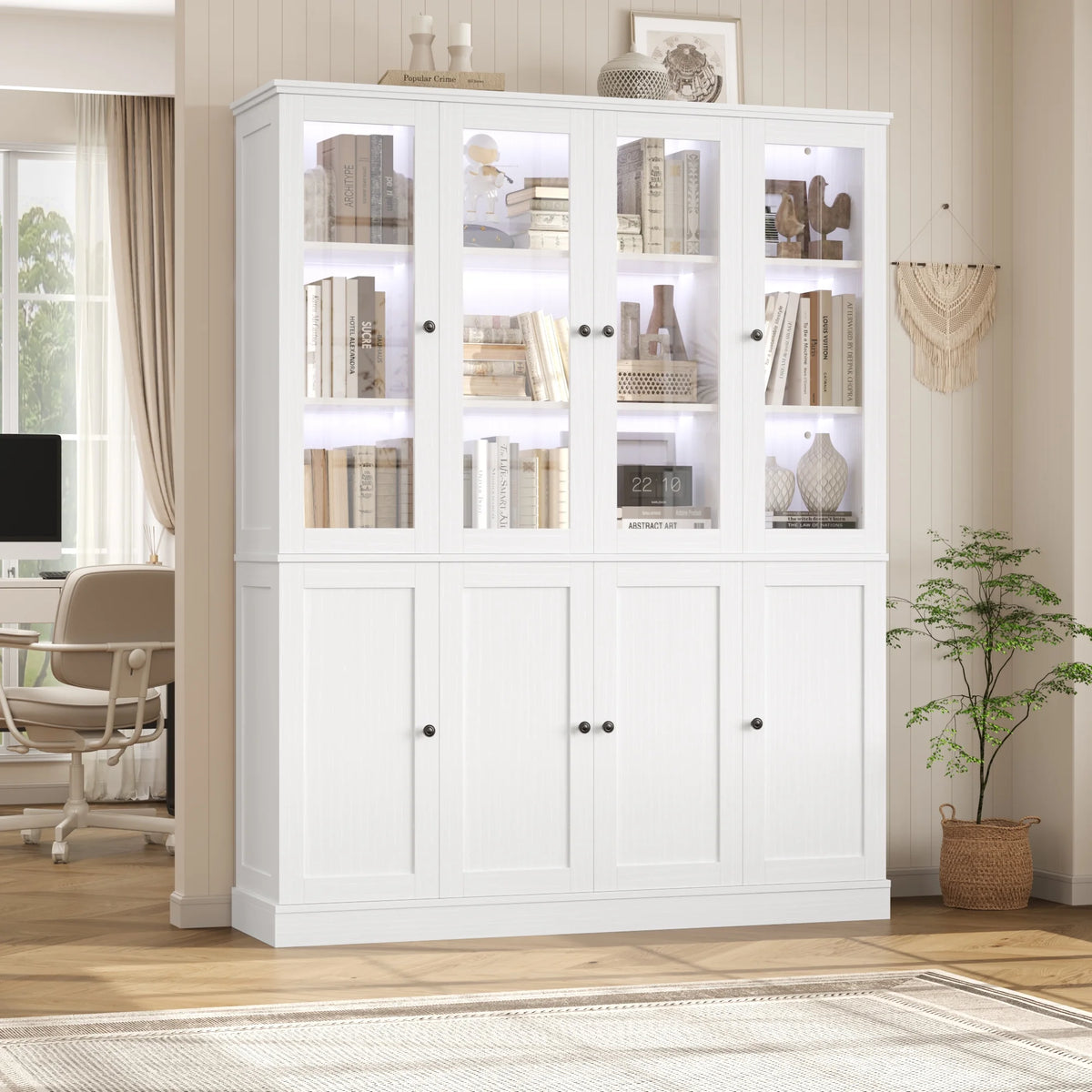 Homfa Kitchen Pantry Cabinet with Glass Doors, 74���� Tall Display Cabinets with LED & Adjustable Shelves for Living Room Office, White