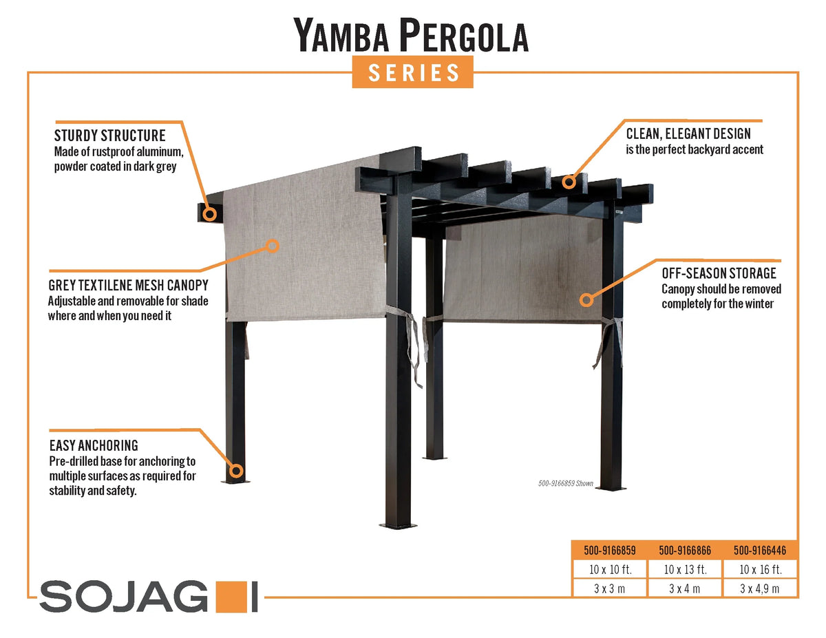 Sojag Outdoor 10' x 10' Yamba Pergola Square Shaped Gazebo, Dark Grey