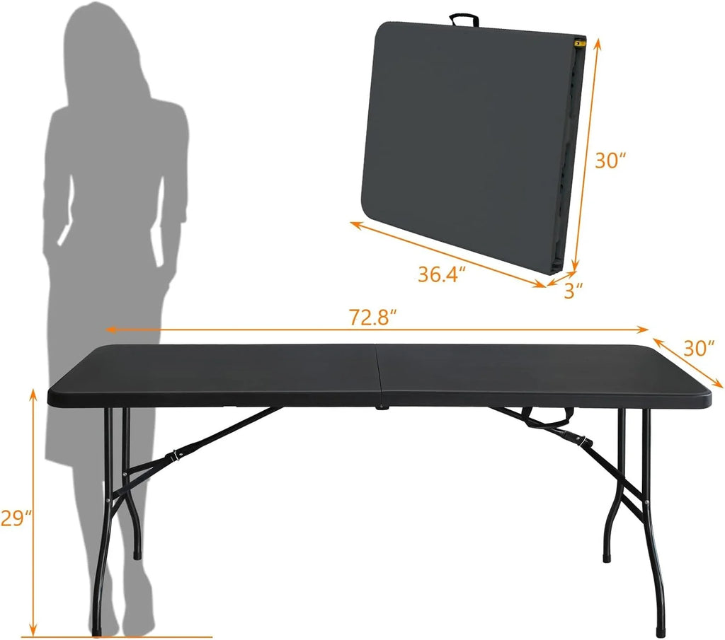 Folding Table with Carry Handle, Portable Fold-in-Half Plastic Table, Rectangle Foldable Table for Indoor