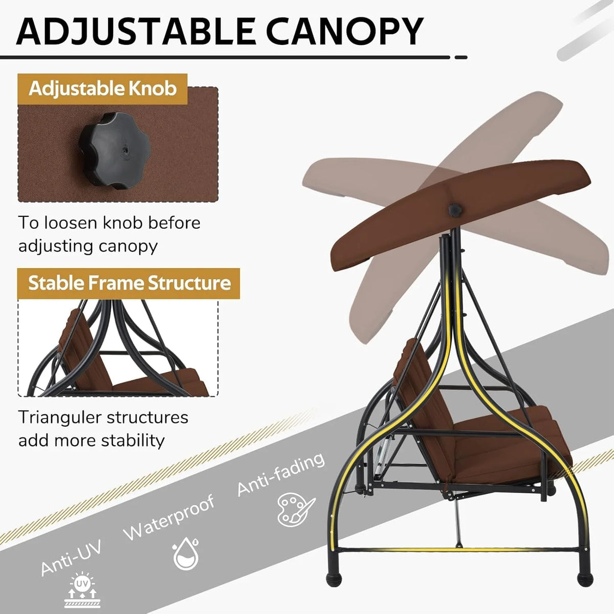AECOJOY 3 Person Canopy Steel Porch Swing, Converting Swing Glider Hammock-Beige