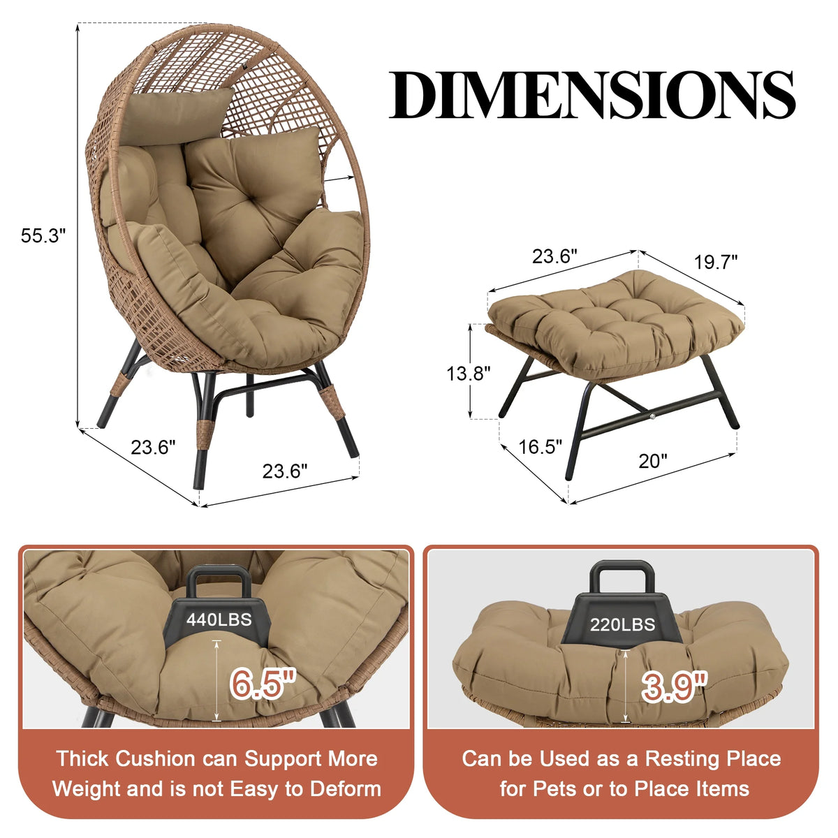 RADIATA 440 lbs Outdoor Egg Chair with Foot Rest & Ottoman, Wicker Patio Egg Chair for Indoor or Garden,Beige