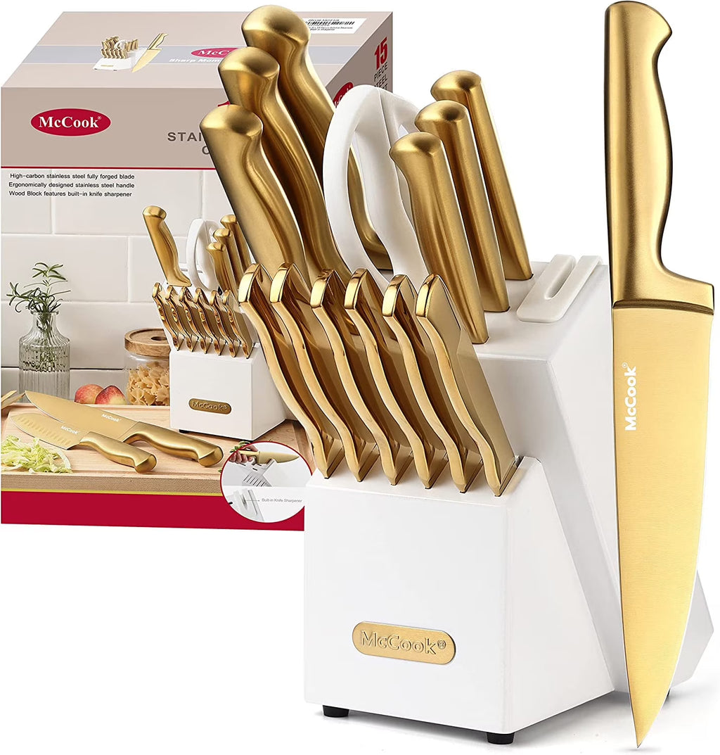 McCook MC29 Knife Sets, 15 Pieces German Stainless Steel Kitchen Knife Block Sets with Built-in Sharpener