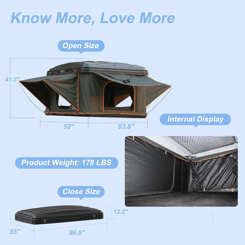 Naturnest Rooftop Tent Hard Shell,Roof Top Tent Hardshell Rooftop Tents for Van Jeep Suv Truck Car Tents for Camping Suv Tent for Car (Green)