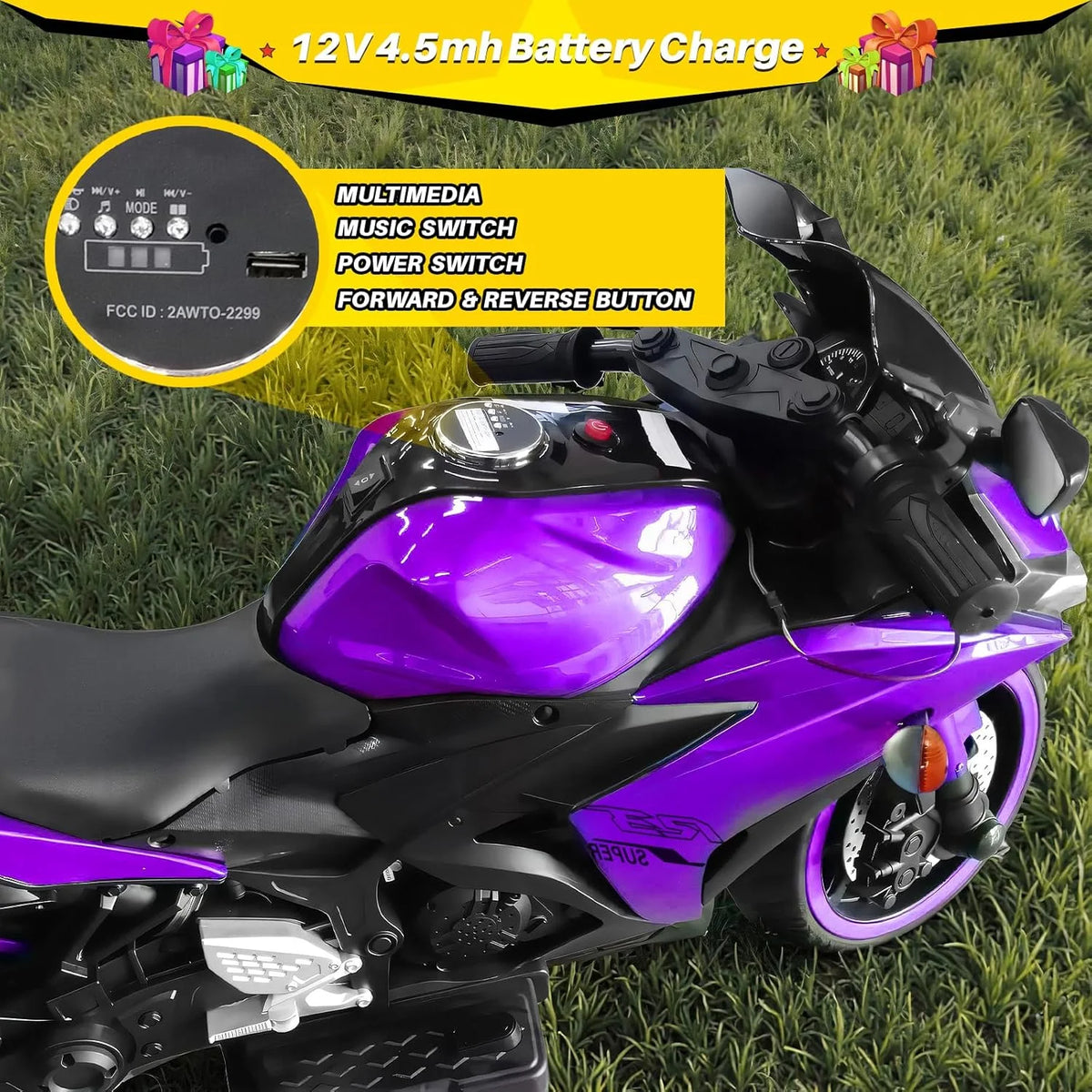 2 Seats Electric Dirt Bike Motorcycle for Kid 3-8, 12V Kids Motorcycle with Manual Throttle, Lighting Wheels, Music Function, Max Load 99LB (Blue)