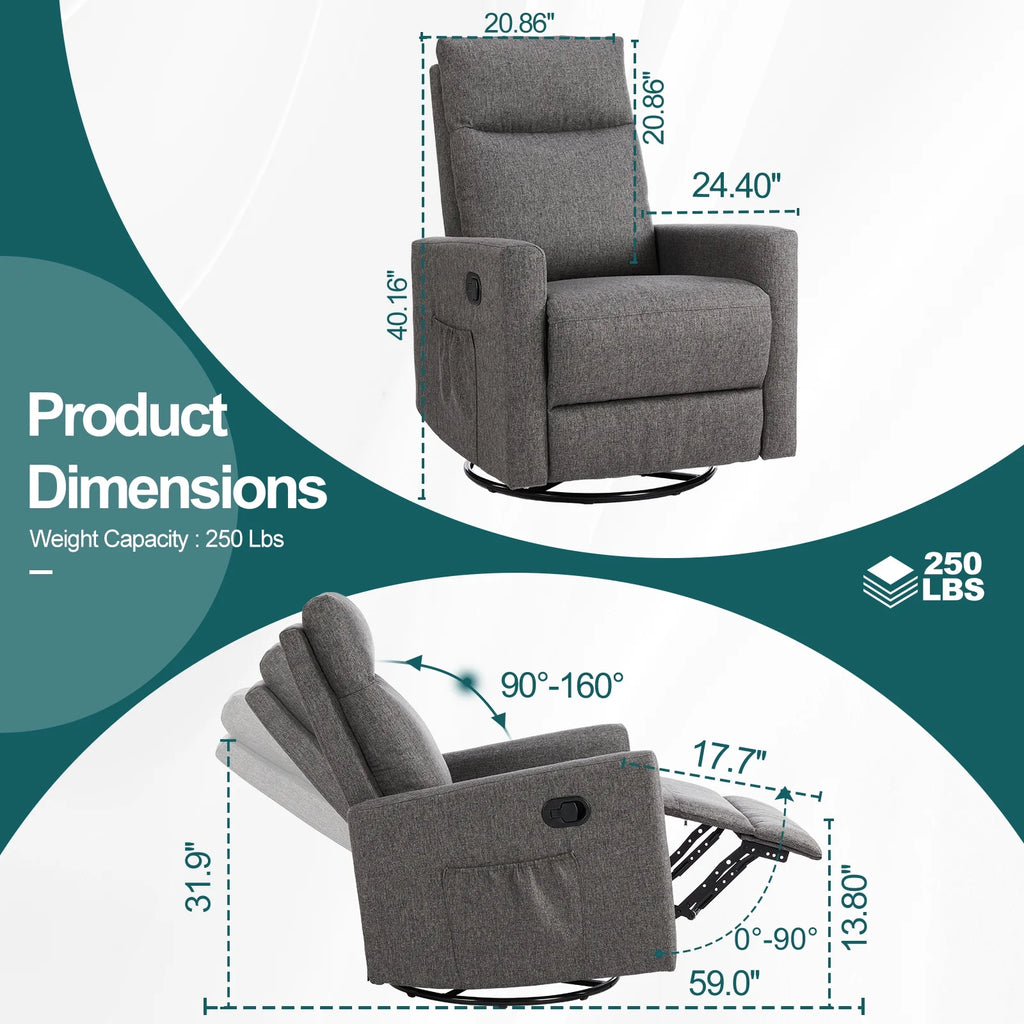 Recliner Message Chair with Footrest, Swivel Rocking Glider, High Back Upholstered Deep Seat for Living Room, Grey