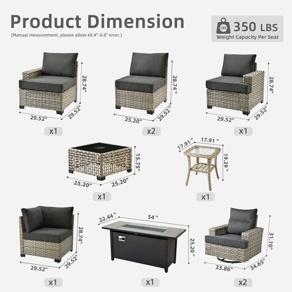 Ovios 10 Pieces Outdoor Patio Furniture Modern High-Back All-Weather Wicker Sectional Conversation Set with Propane Fire Pit Table & Swivel Chair, Dark Gray