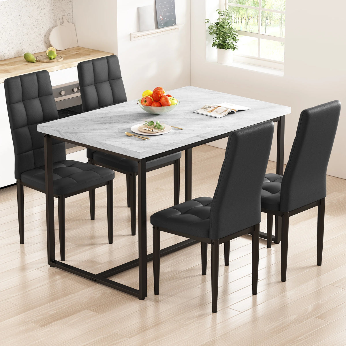 SEGMART Dining Table with 4 High-Back Upholstered Chairs, Modern Dinette Set, Dining Table & Chairs Set for 4 Persons, Small Home Kitchen Dining Table Set, Ideal for Apartment Breakfast Nook