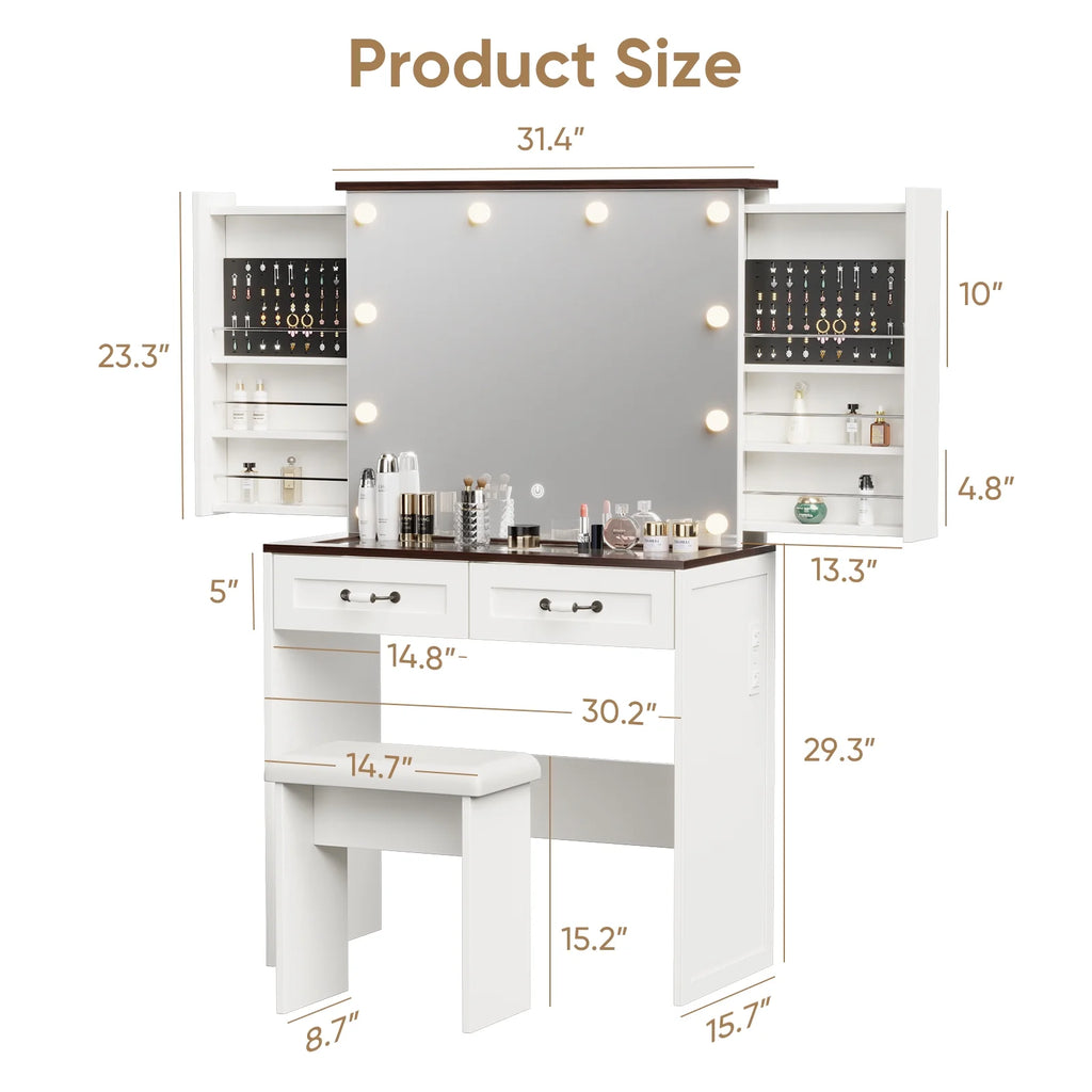 Vanity Desk with Chair, White Makeup Desk Set with Mirror & LED Lights, Vanity Table with Power Strip, 2 Drawers, 4 Shelves