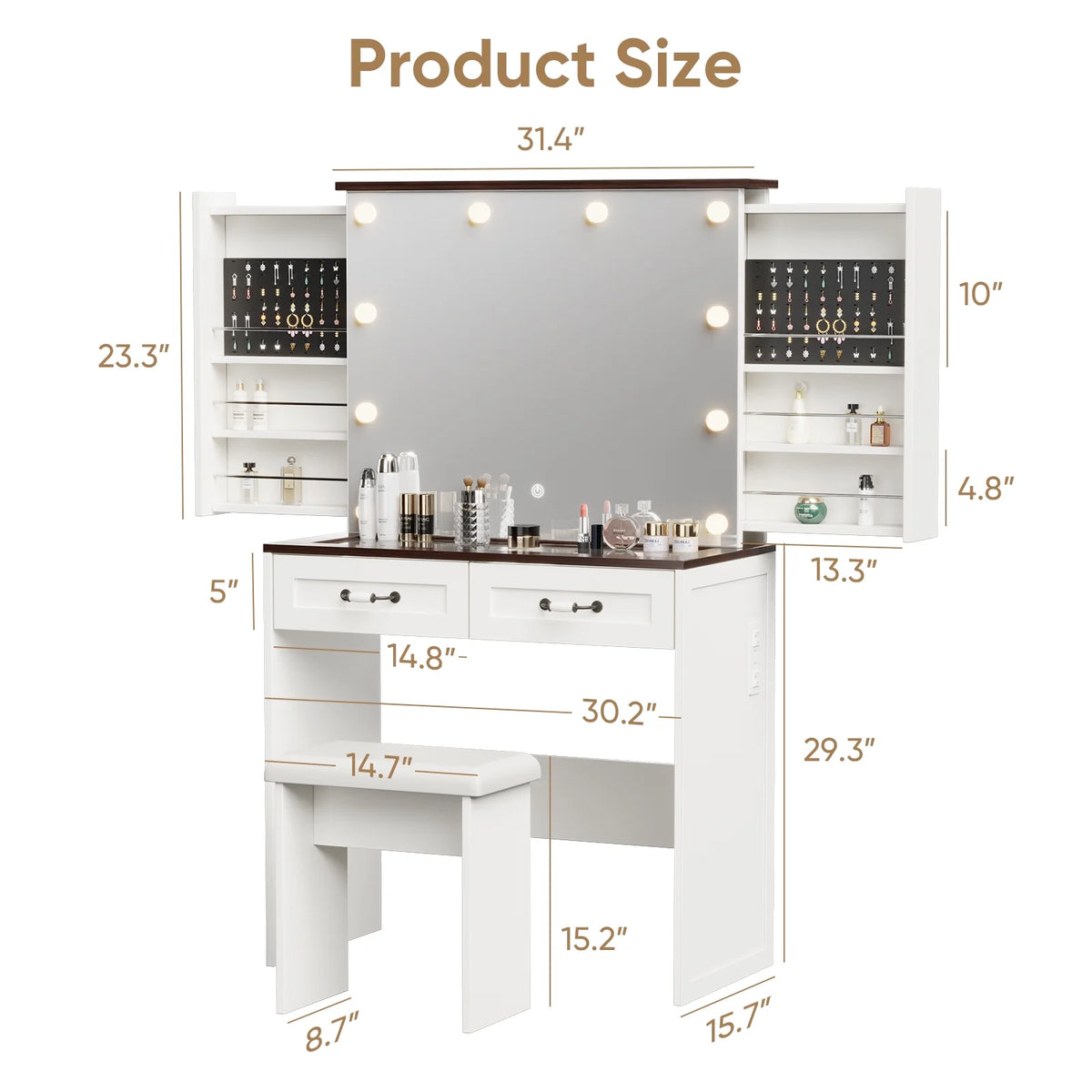 Vanity Desk with Chair, White Makeup Desk Set with Mirror & LED Lights, Vanity Table with Power Strip, 2 Drawers, 4 Shelves