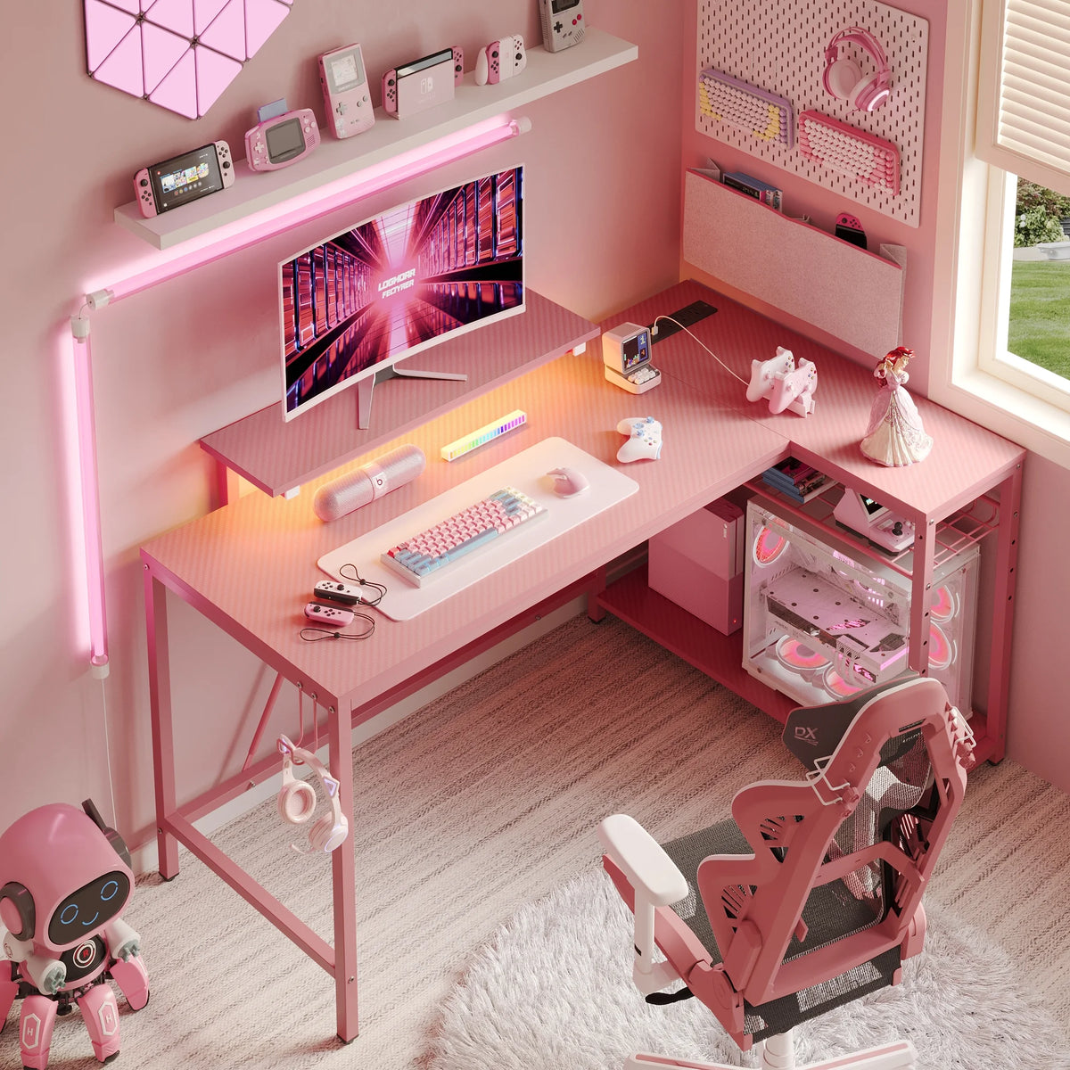 Bestier 52" Gaming Desk with LED Lights L Shaped Desk with Power Outlet & Monitor Stand Corner Computer Desk in Carbon Fiber