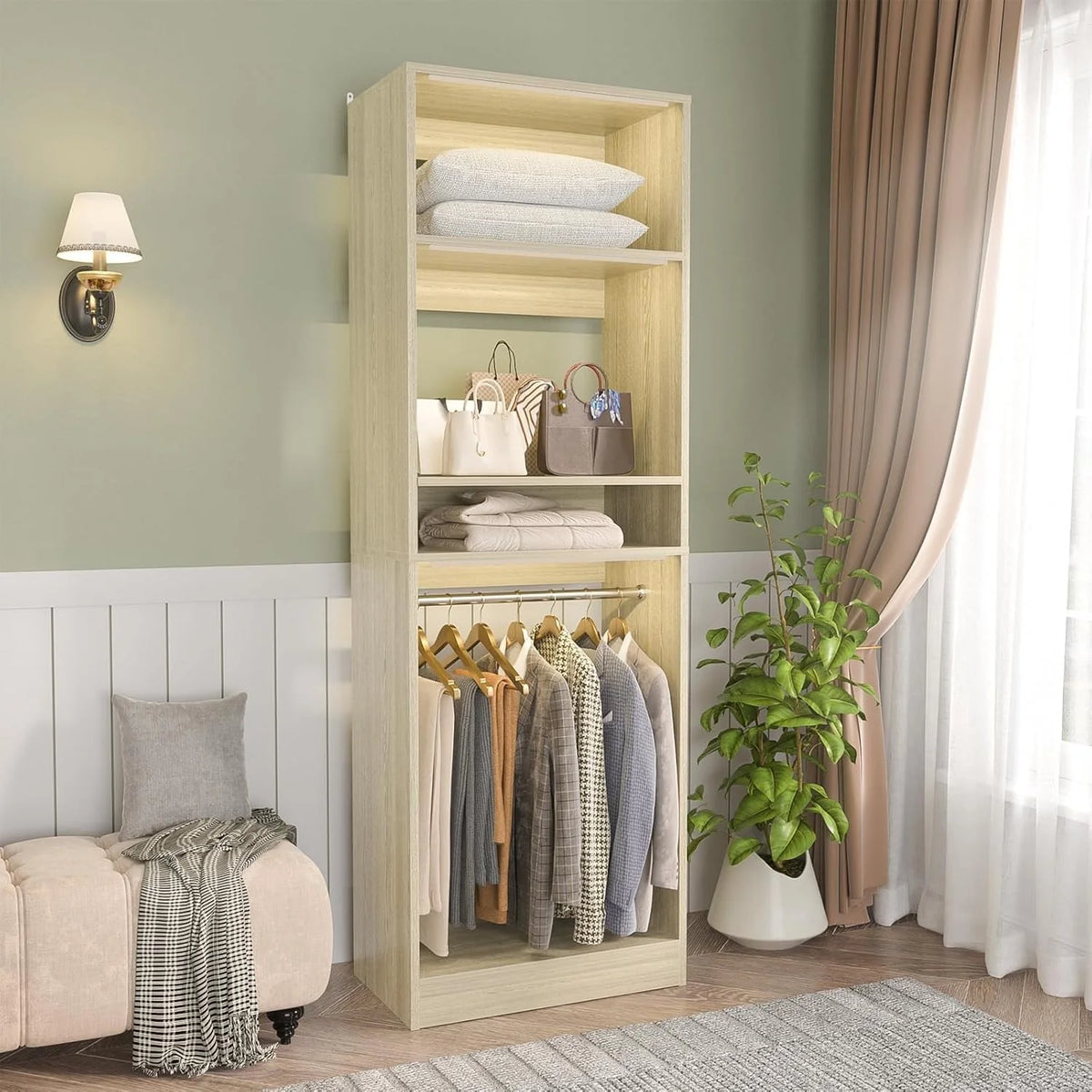 Homieasy 25�?Closet System, Freestanding Closet Organizer Wardrobe with Hanging Rods and Shelves, Adjustable Clothes Garment Rack, Sturdy Walk in Closet Tower, White