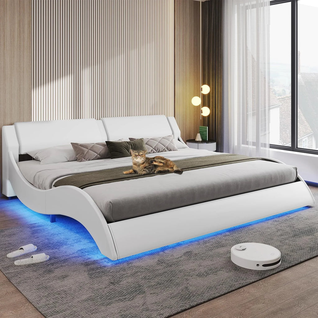 Queen Size Bed Frame with LED Lights,Modern Platform Bed Frame with Upholstered Headboard,Faux Leather Wave Like Low Profile Bed Frame,No Box Spring Needed,Black
