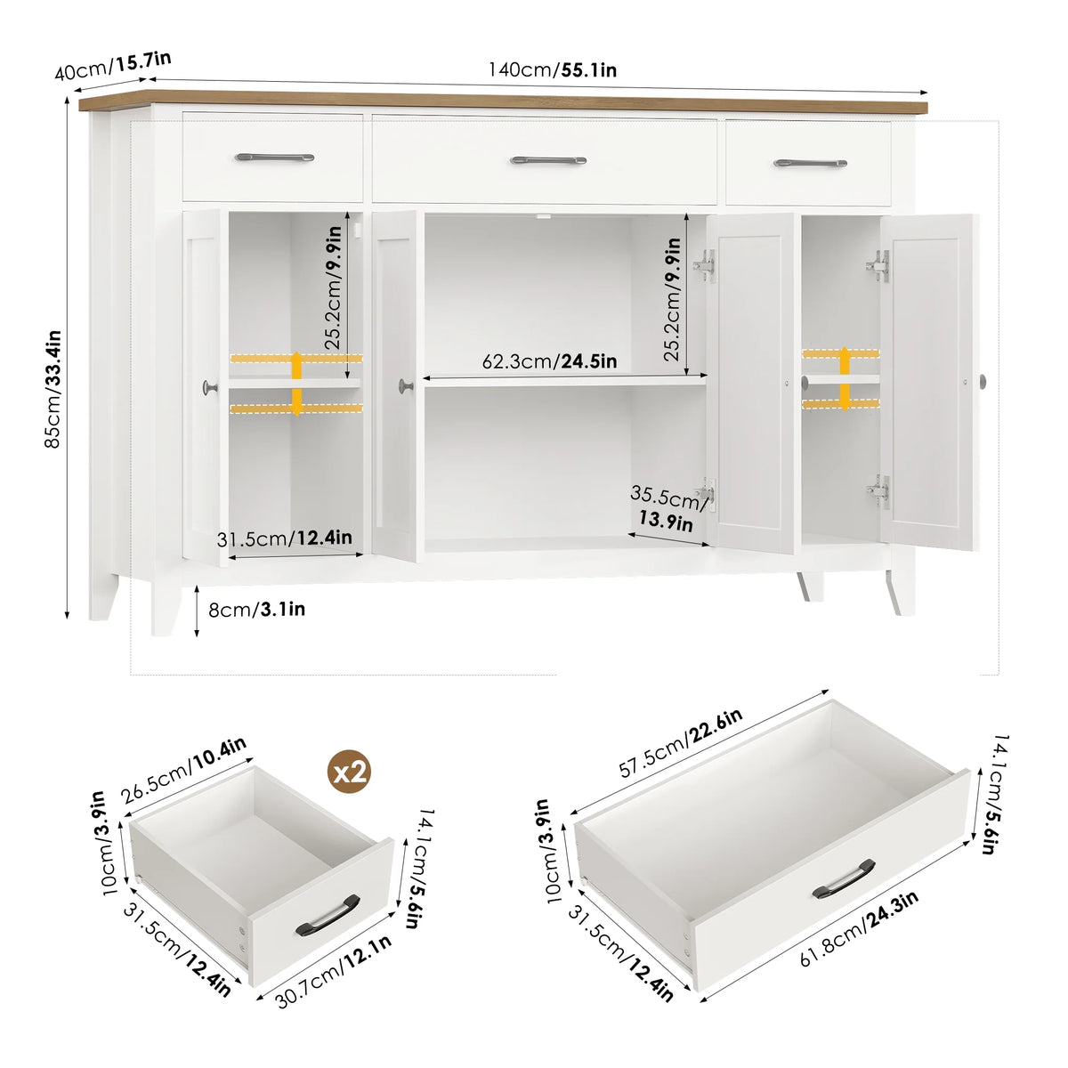 Hiphuta 55"Wide Buffet Cabinet with 2 Adjustable Shelves, Modern Farmhouse Coffee Bar with 3 Drawers and Sturdy Base for Living Room, White