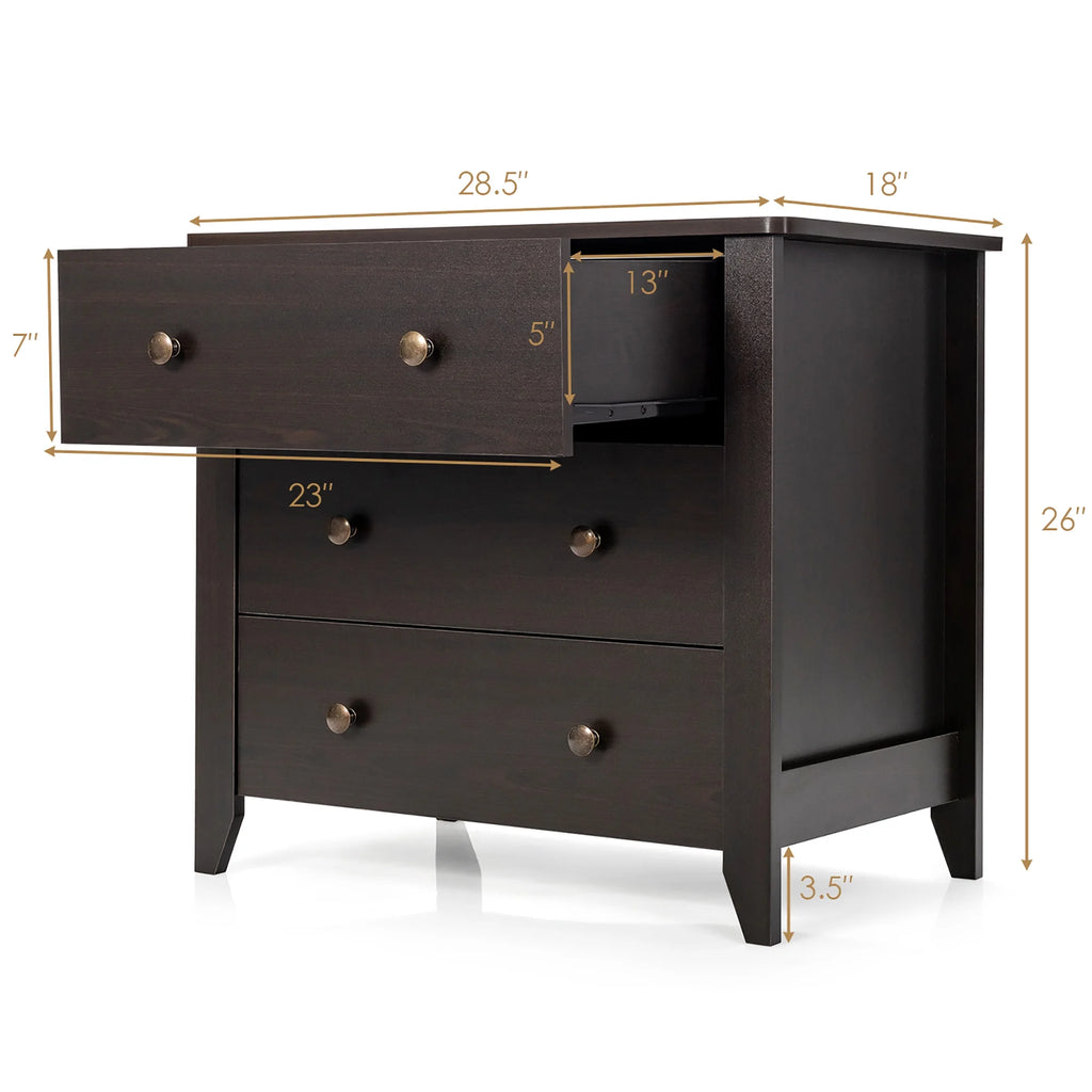 Gymax 3 Drawer Dresser Chest of Drawers Bedside Table for Living Room Bedroom Espresso