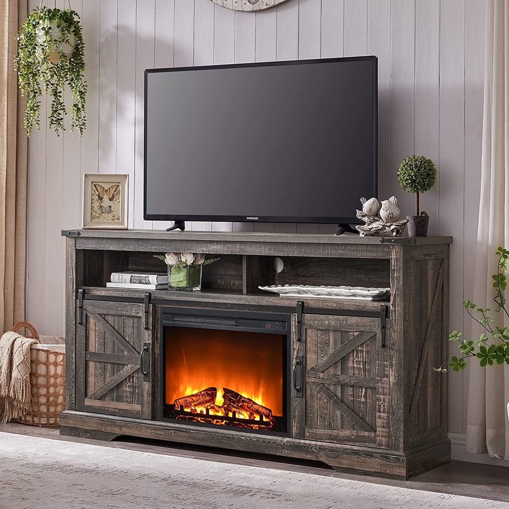 OKD Farmhouse Fireplace TV Stand up to 70", Entertainment Center with 23" Fireplace & Open Storage Shelves for Living Room, Antique White